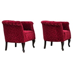 Retro 1950s, pair of Danish lounge chairs, red cotton/wool fabric, beech wood.