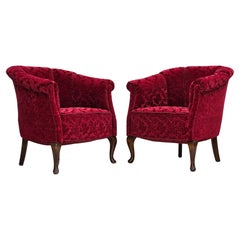 Retro 1950s, pair of Danish lounge chairs, red cotton/wool fabric.