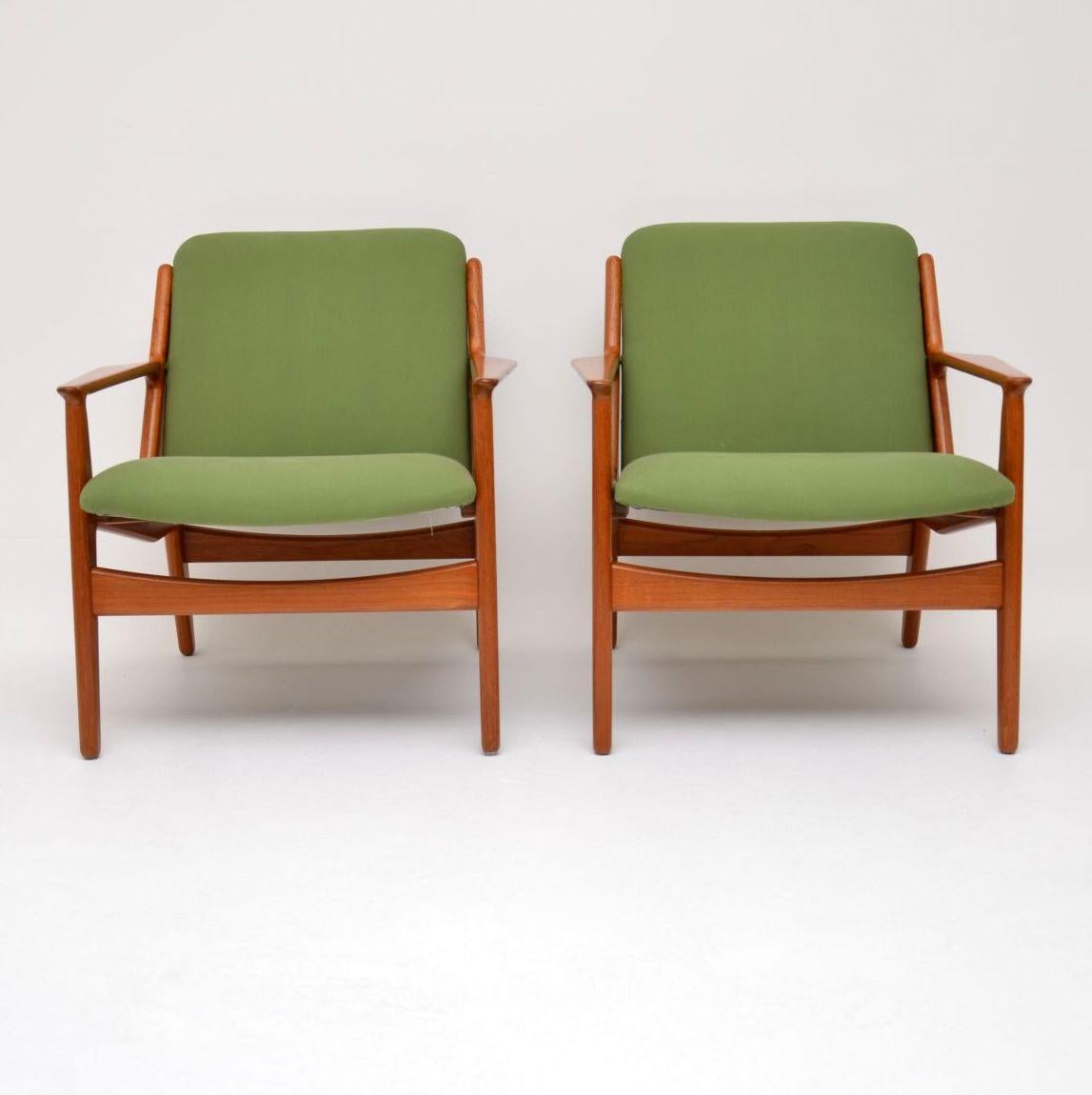 An absolutely stunning and extremely rare pair of vintage Danish armchairs in solid teak, these were designed by Arne Vodder and were made by Vamo in the 1950s-1960s. We have had the frames fully stripped and re-polished to a very high standard,