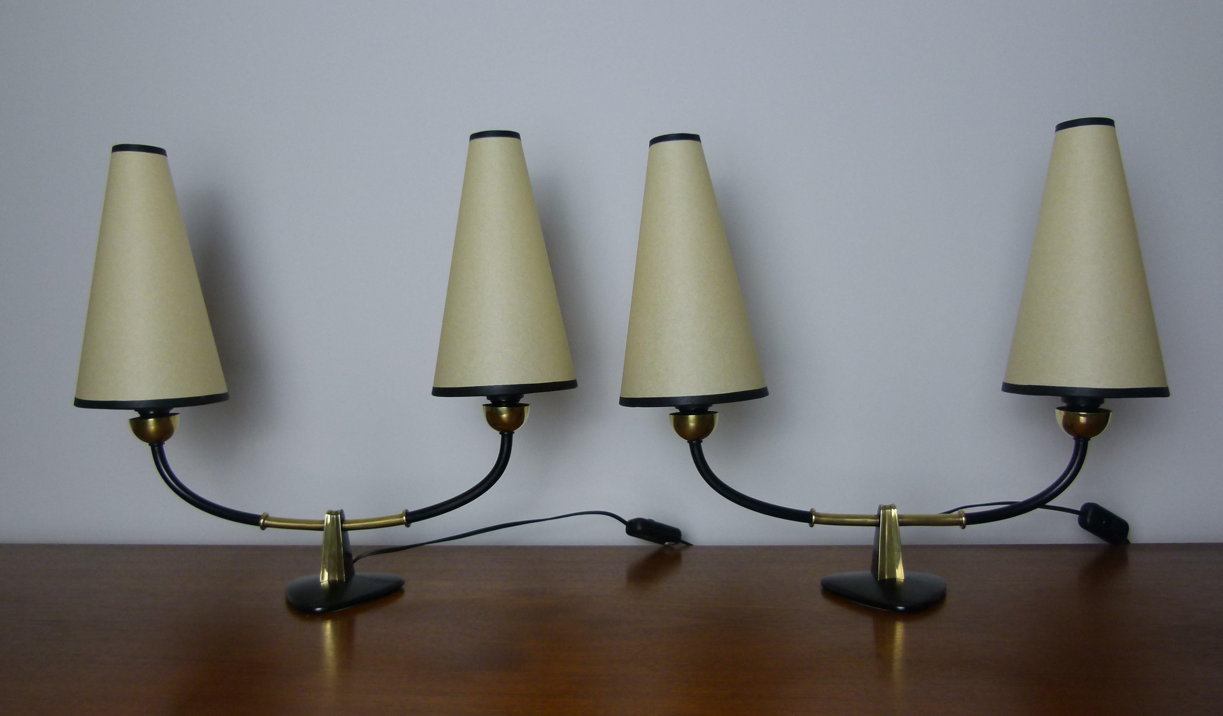 Art Deco 1950s Pair of Double Table Lamps by Maison Lunel