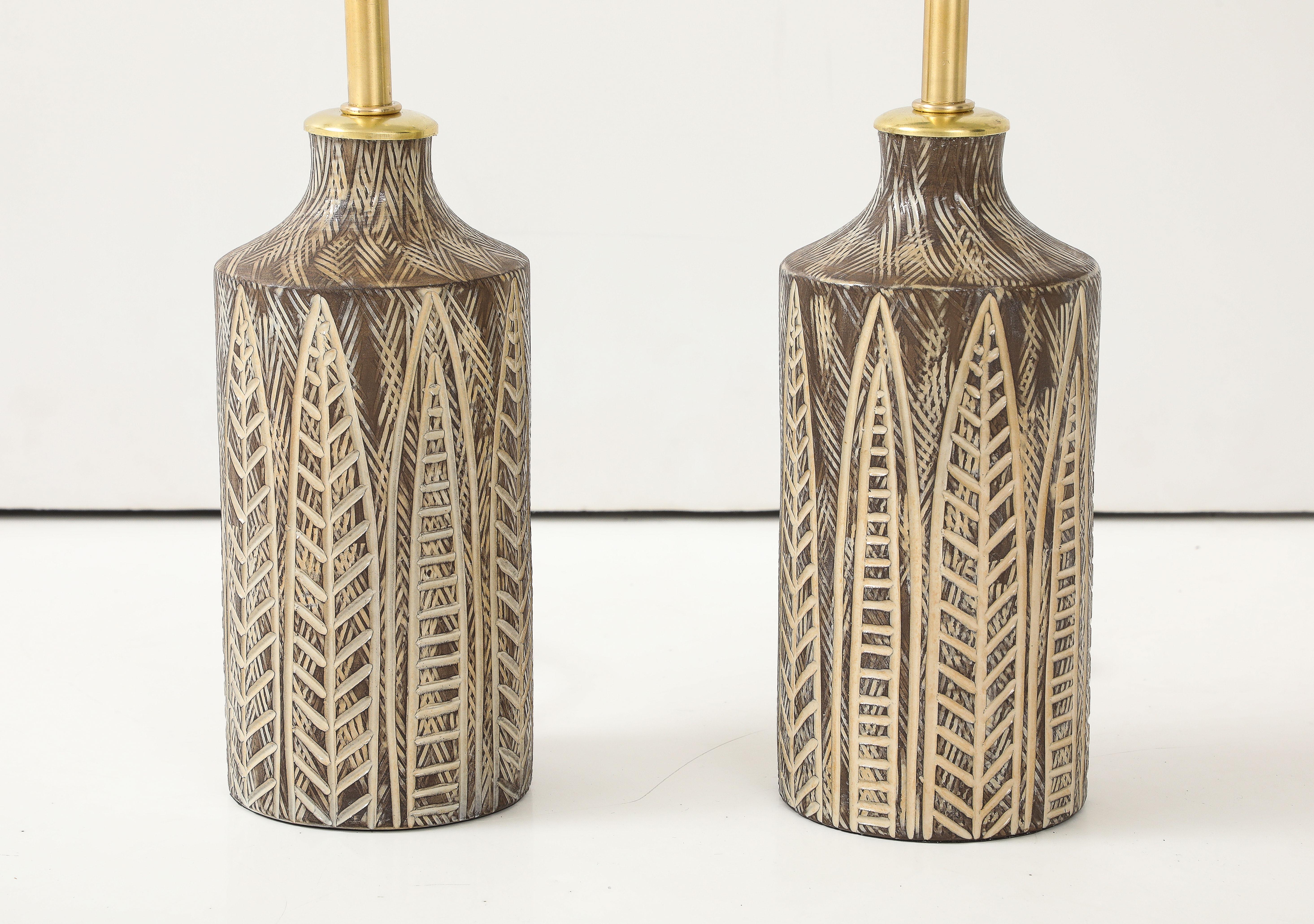 Scandinavian Modern 1950's Pair of Earth Tone Ceramic Lamps by Mari Simmulson for Upsala Ekeby For Sale