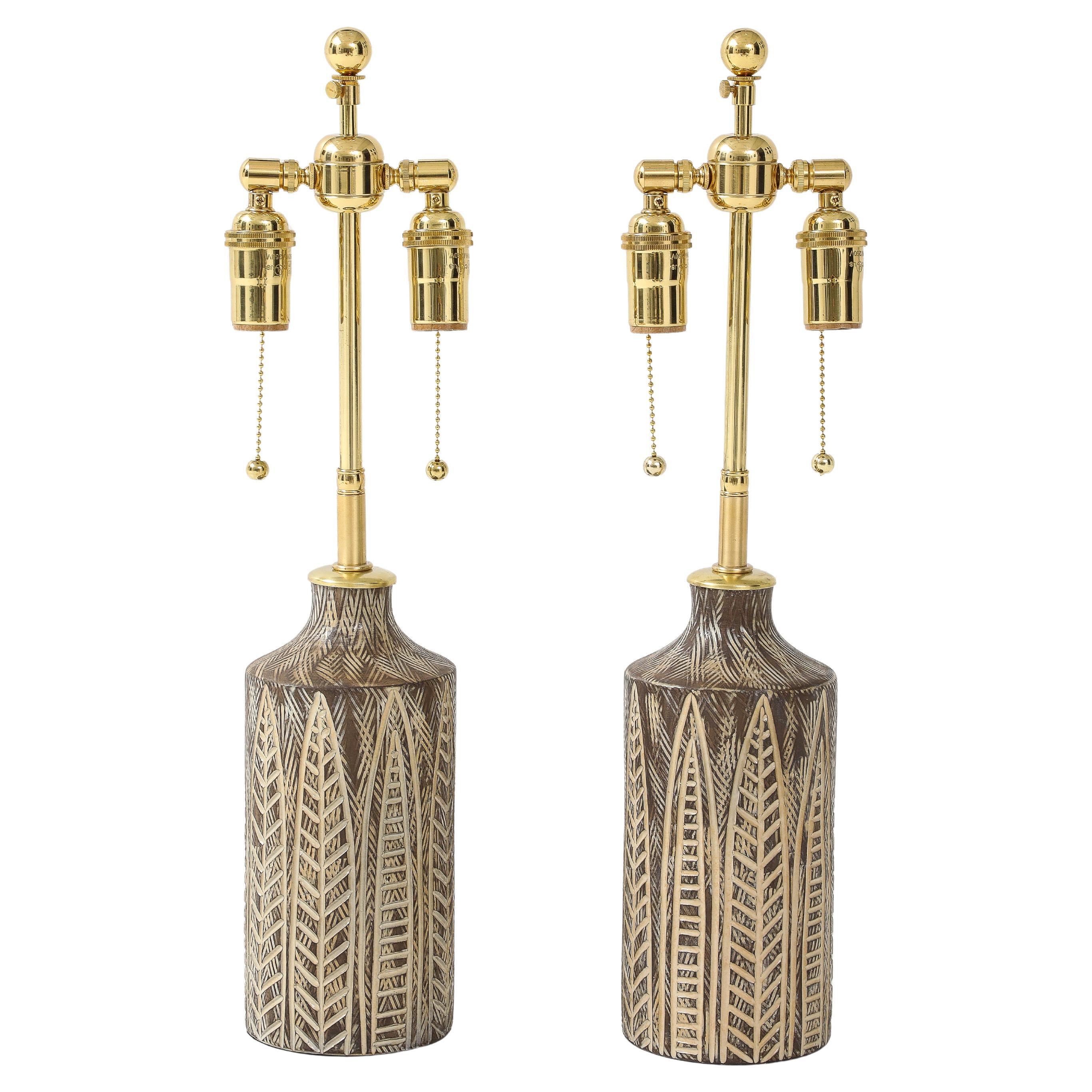 1950's Pair of Earth Tone Ceramic Lamps by Mari Simmulson for Upsala Ekeby For Sale