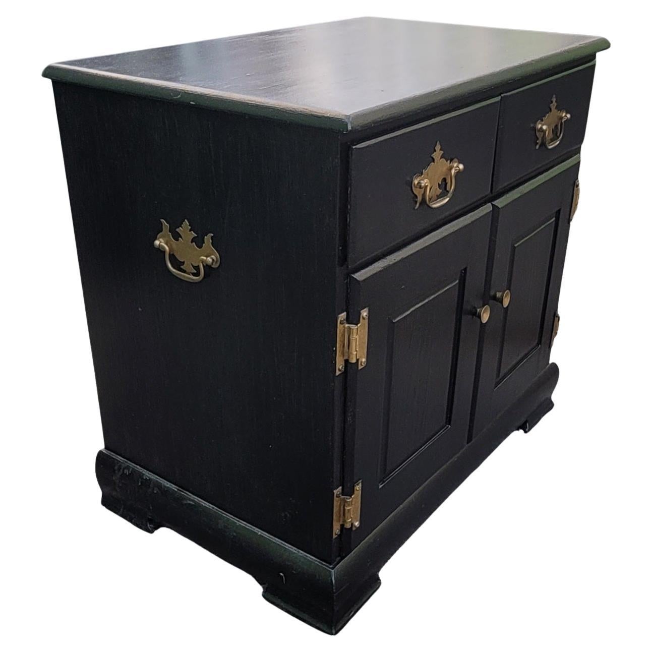 Brass 1950s Pair of Ebonized Chippendale Solid Pine Side Cabinets, Nightstands For Sale
