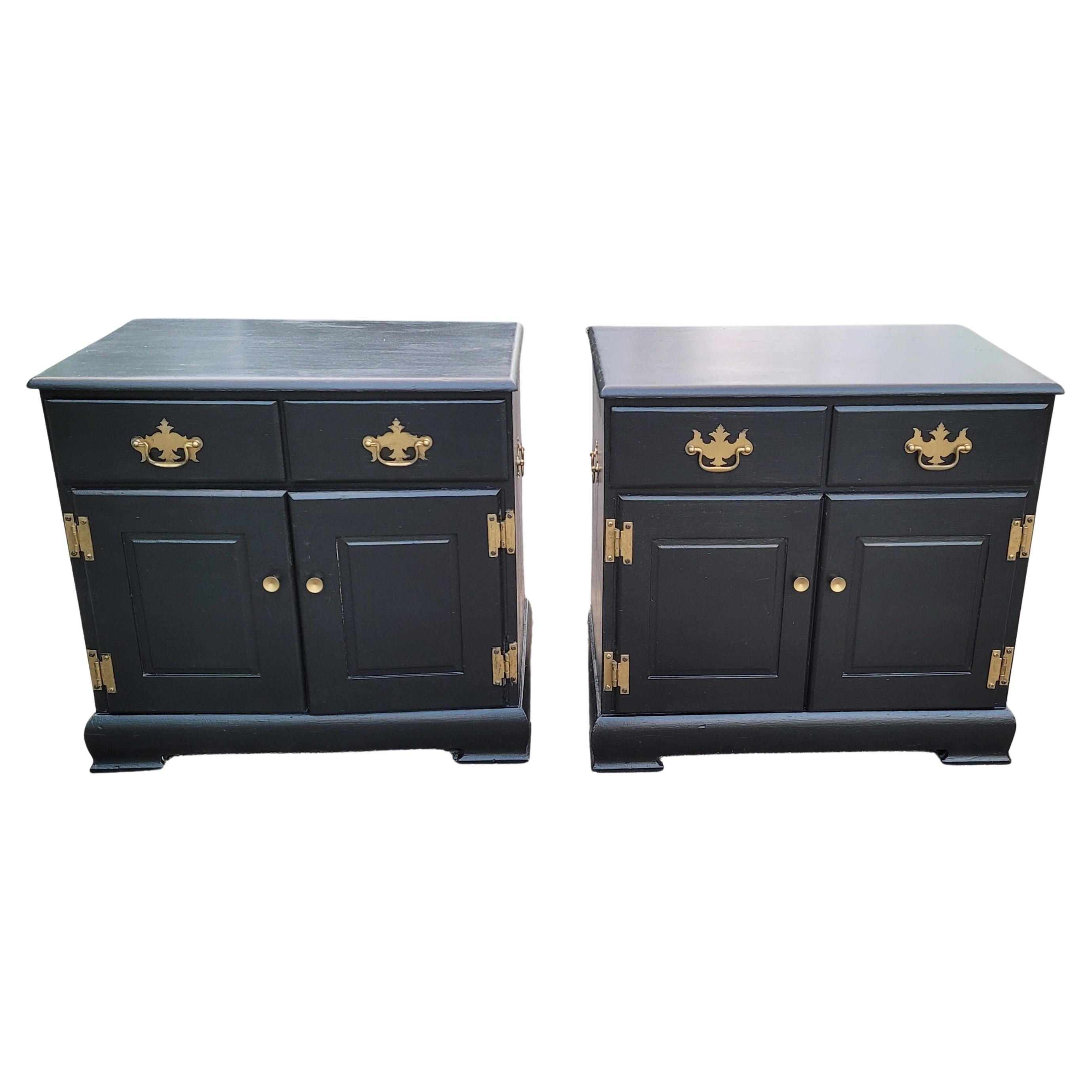 1950s Pair of Ebonized Chippendale Solid Pine Side Cabinets, Nightstands For Sale