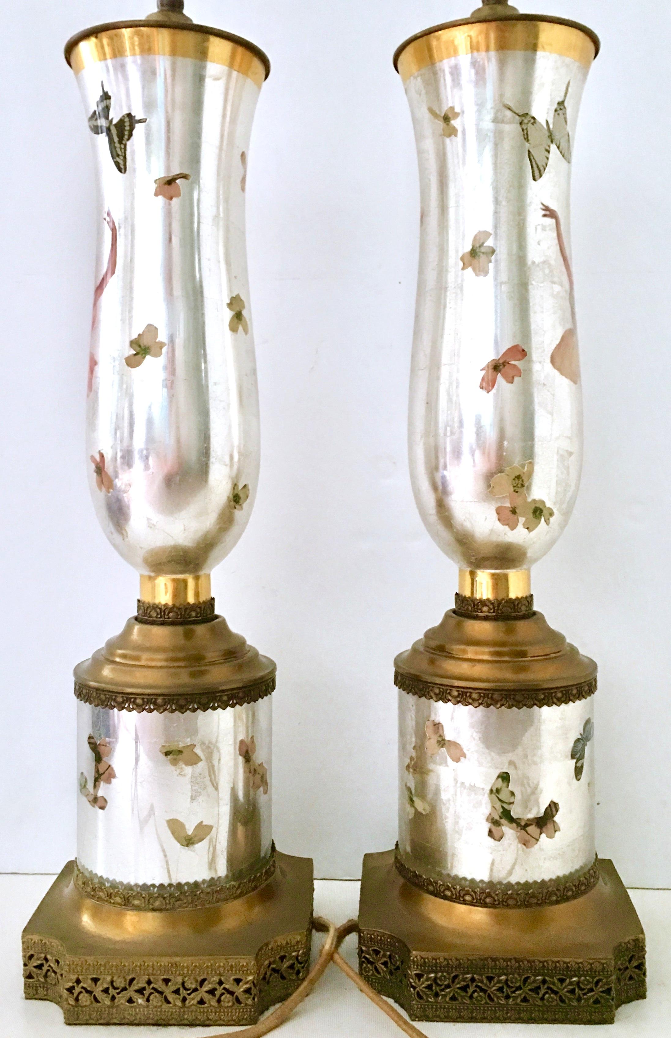 Verre Églomisé 1950'S Pair Of Eglomise Decoupage Glass Ballerina & Butterfly Lamps For Sale