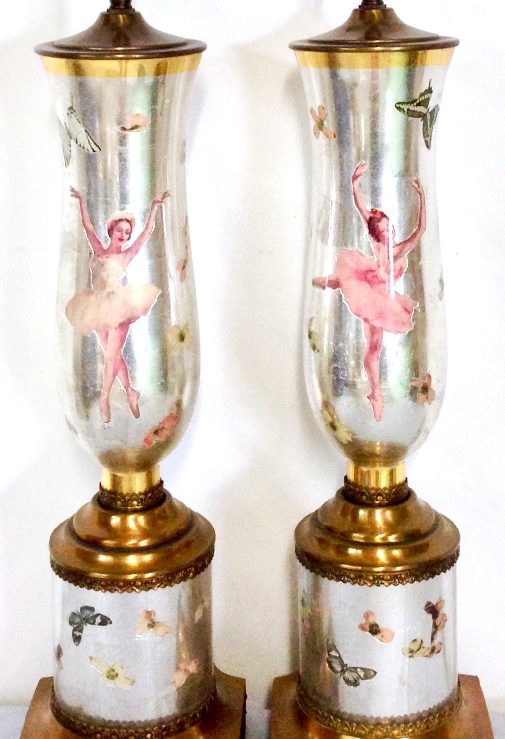 Art Deco 1950'S Pair Of Eglomise Decoupage Glass Ballerina & Butterfly Lamps For Sale