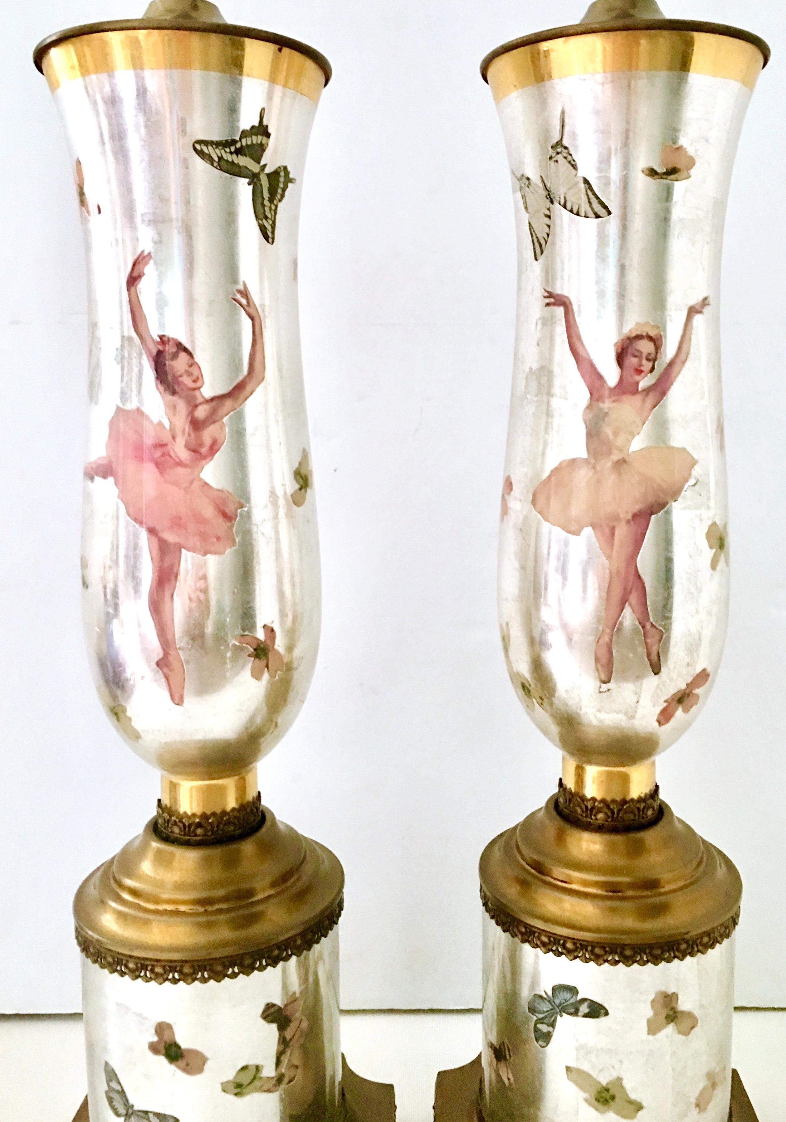 American 1950'S Pair Of Eglomise Decoupage Glass Ballerina & Butterfly Lamps For Sale