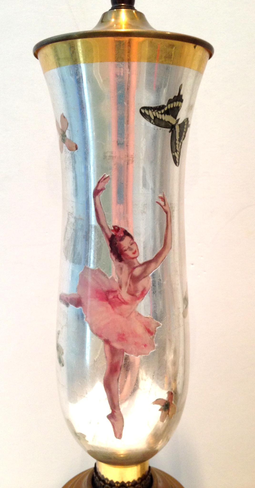 20th Century 1950'S Pair Of Eglomise Decoupage Glass Ballerina & Butterfly Lamps For Sale