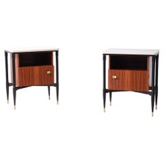 1950's pair of elegant walnut nightstands with four turned legs