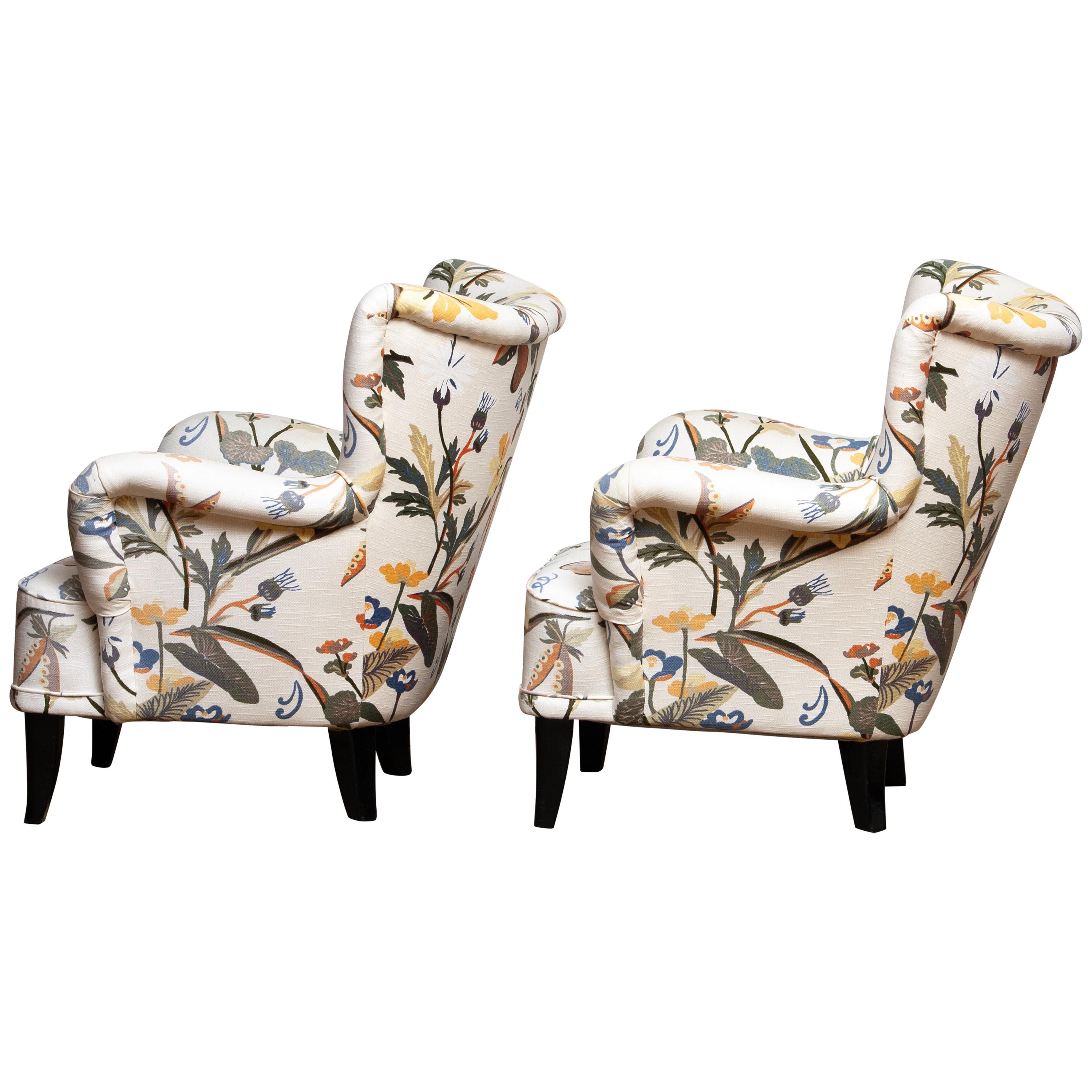 Finnish 1950s, Pair of Floral Lounge Easy Club Chairs, Ilmari Lappalainen for Asko