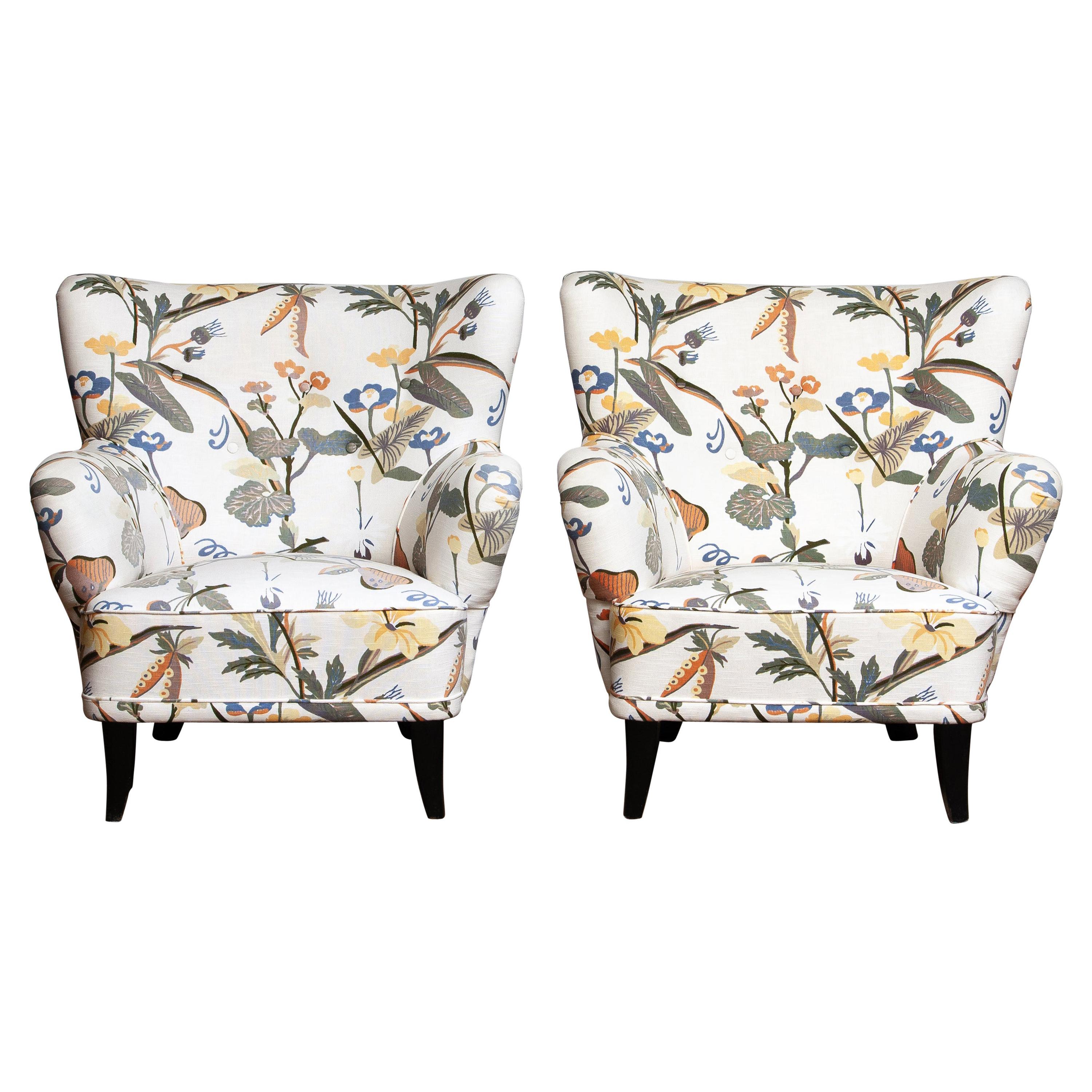 Finnish 1950s, Pair of Floral Lounge Easy Club Chairs, Ilmari Lappalainen for Asko