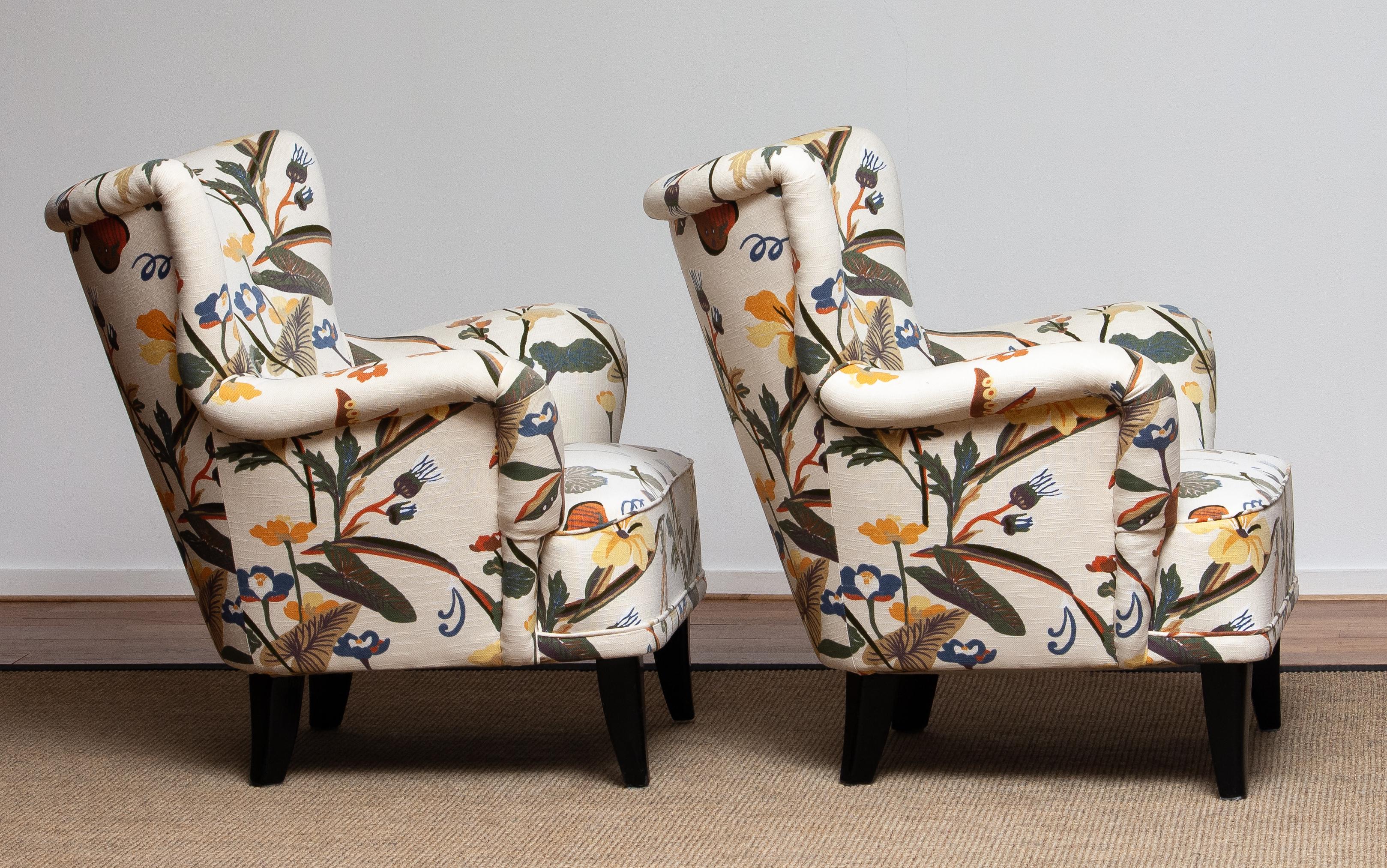 Mid-20th Century 1950s, Pair of Floral Lounge Easy Club Chairs, Ilmari Lappalainen for Asko
