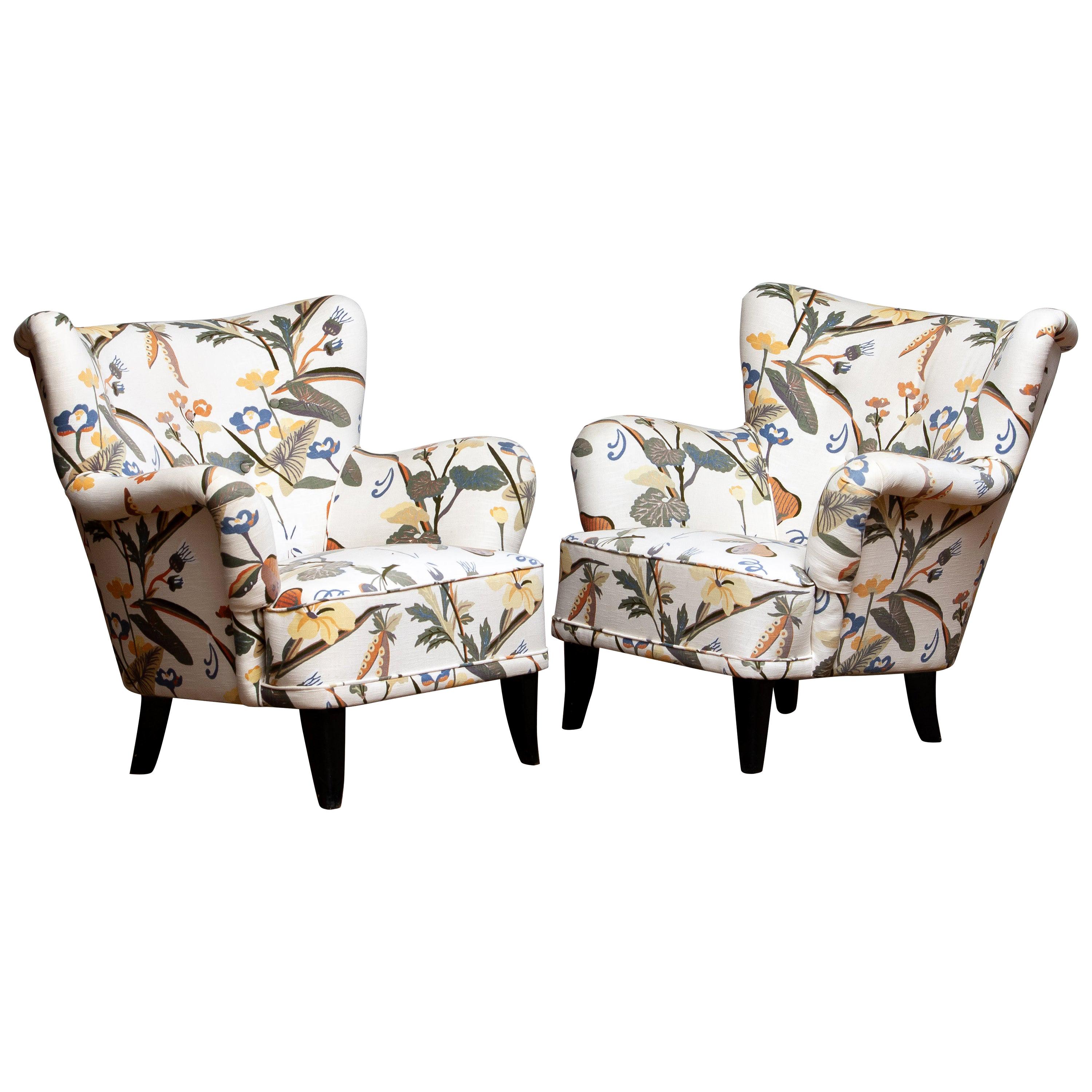 Fabric 1950s, Pair of Floral Lounge Easy Club Chairs, Ilmari Lappalainen for Asko