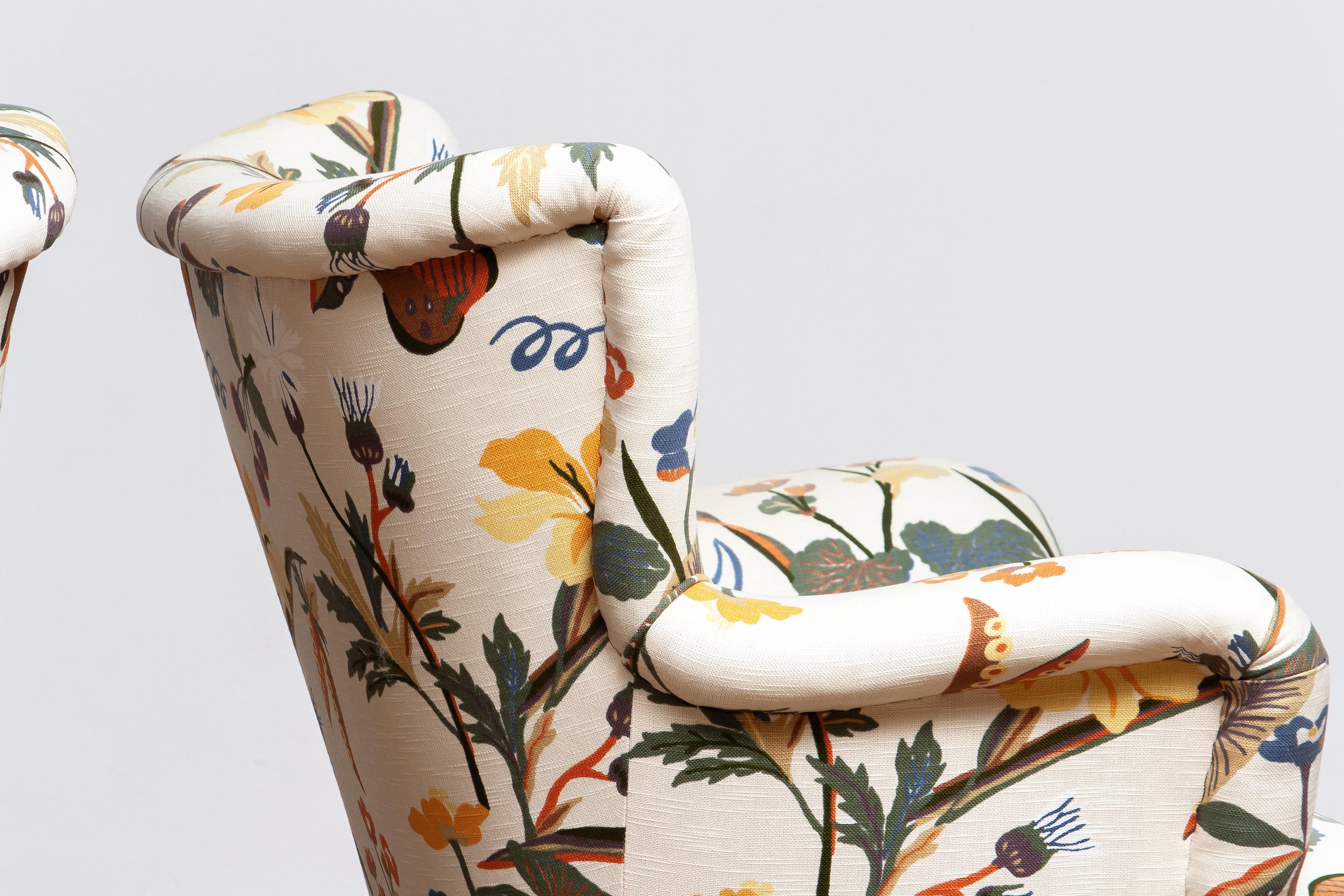 Fabric 1950s, Pair of Floral Lounge Easy Club Chairs, Ilmari Lappalainen for Asko