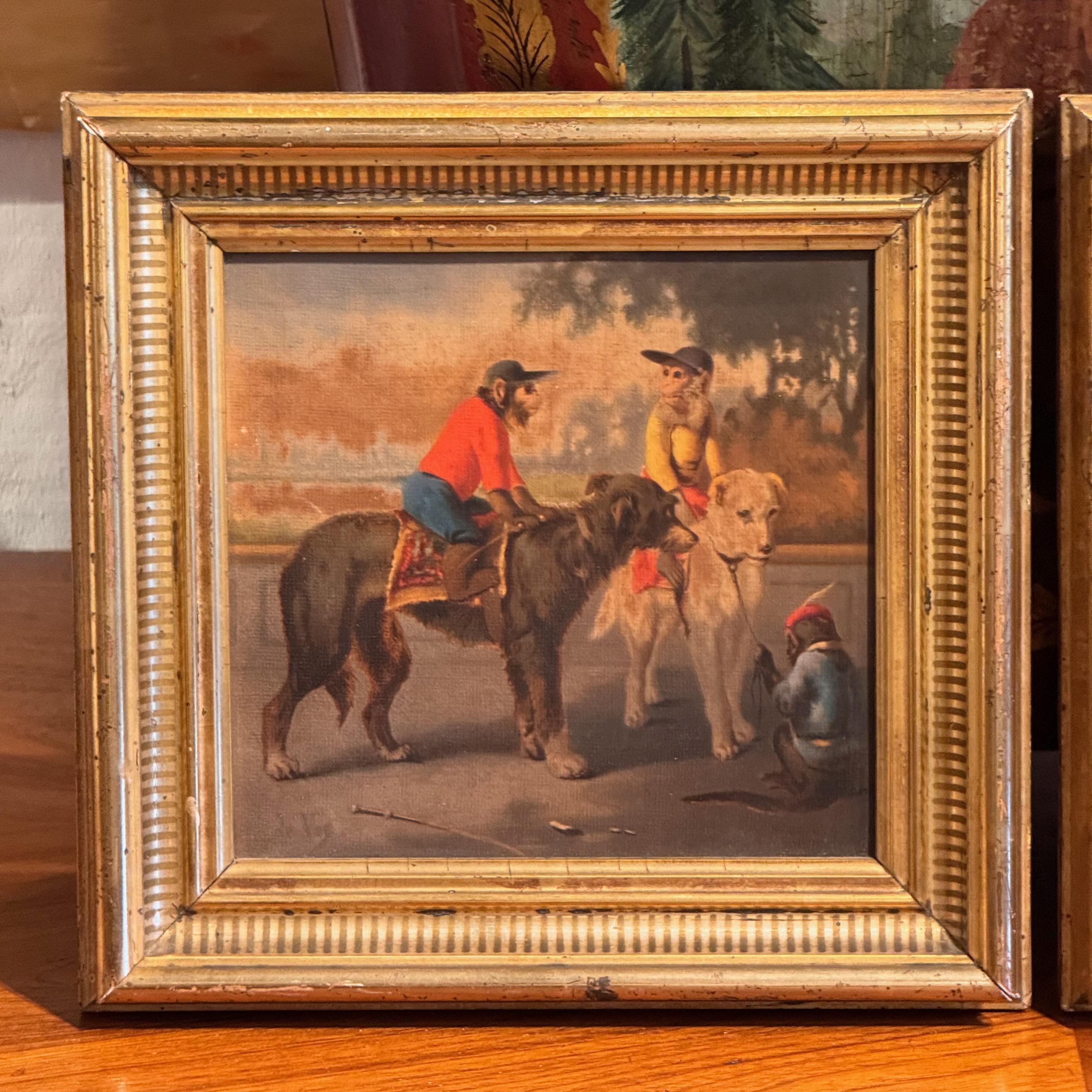 1950er Jahre Paar gerahmte Chromolithografien mit Affen zu Pferd (amerikanisch) im Angebot