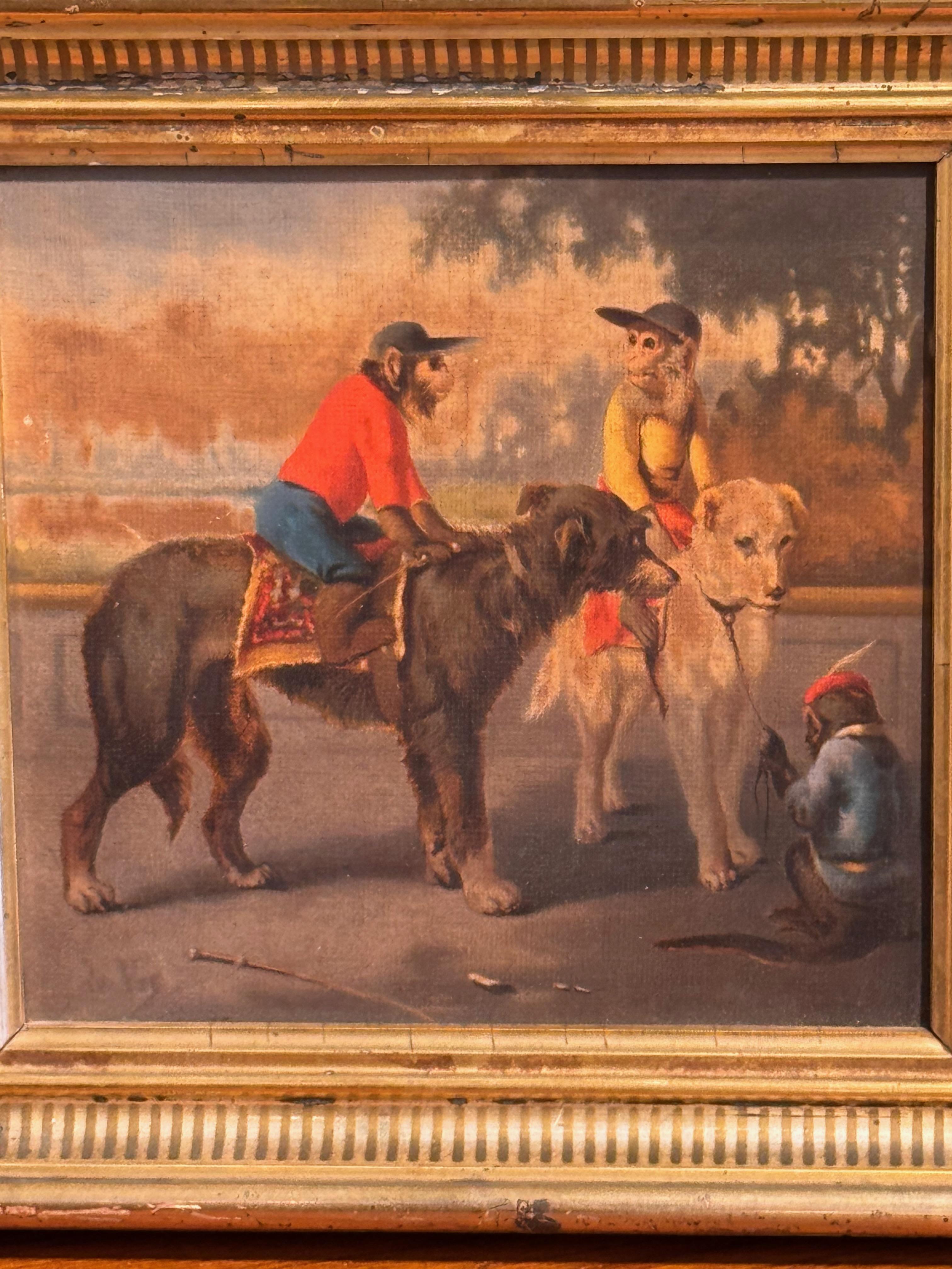 1950er Jahre Paar gerahmte Chromolithografien mit Affen zu Pferd im Zustand „Gut“ im Angebot in Charlottesville, VA