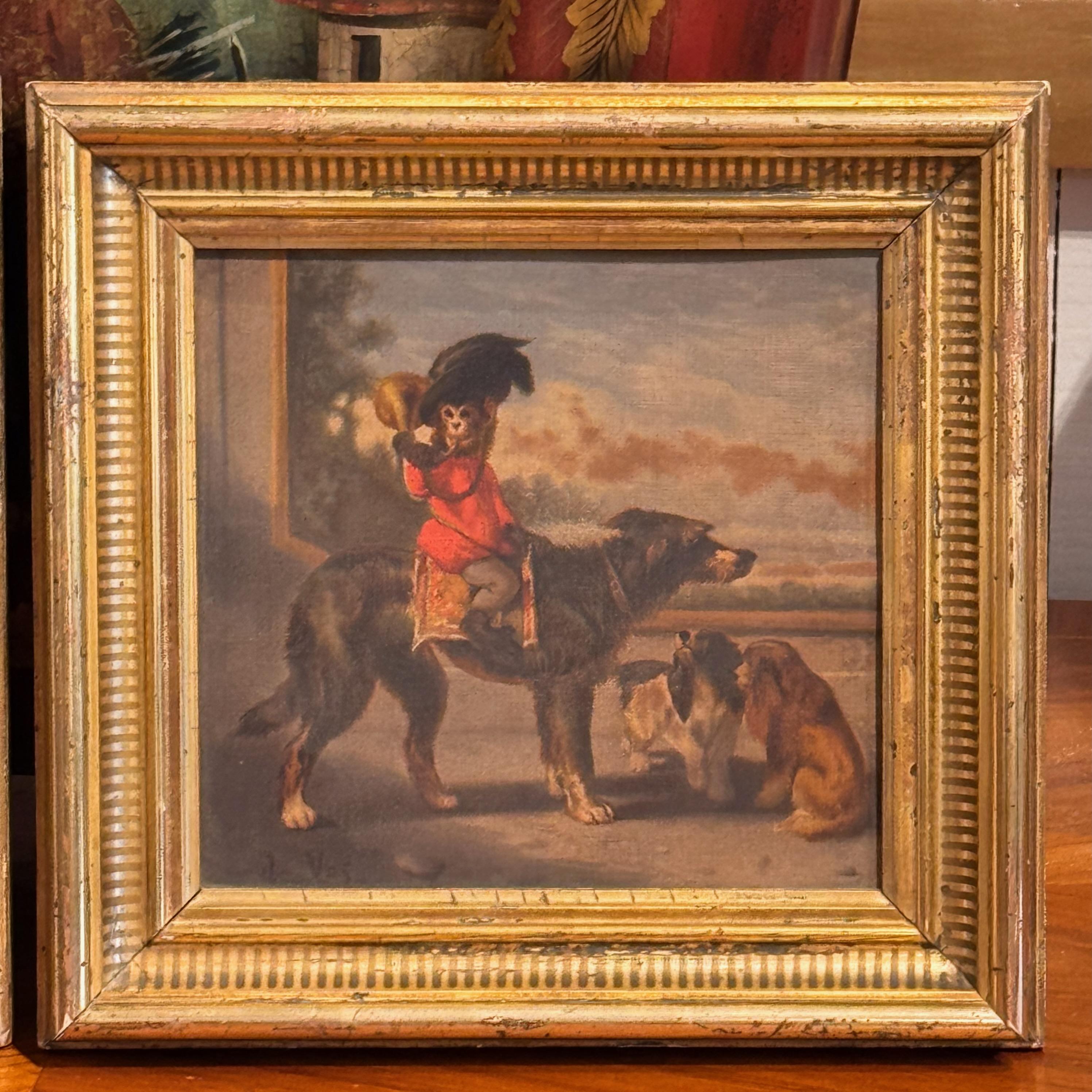 1950er Jahre Paar gerahmte Chromolithografien mit Affen zu Pferd (Mitte des 20. Jahrhunderts) im Angebot