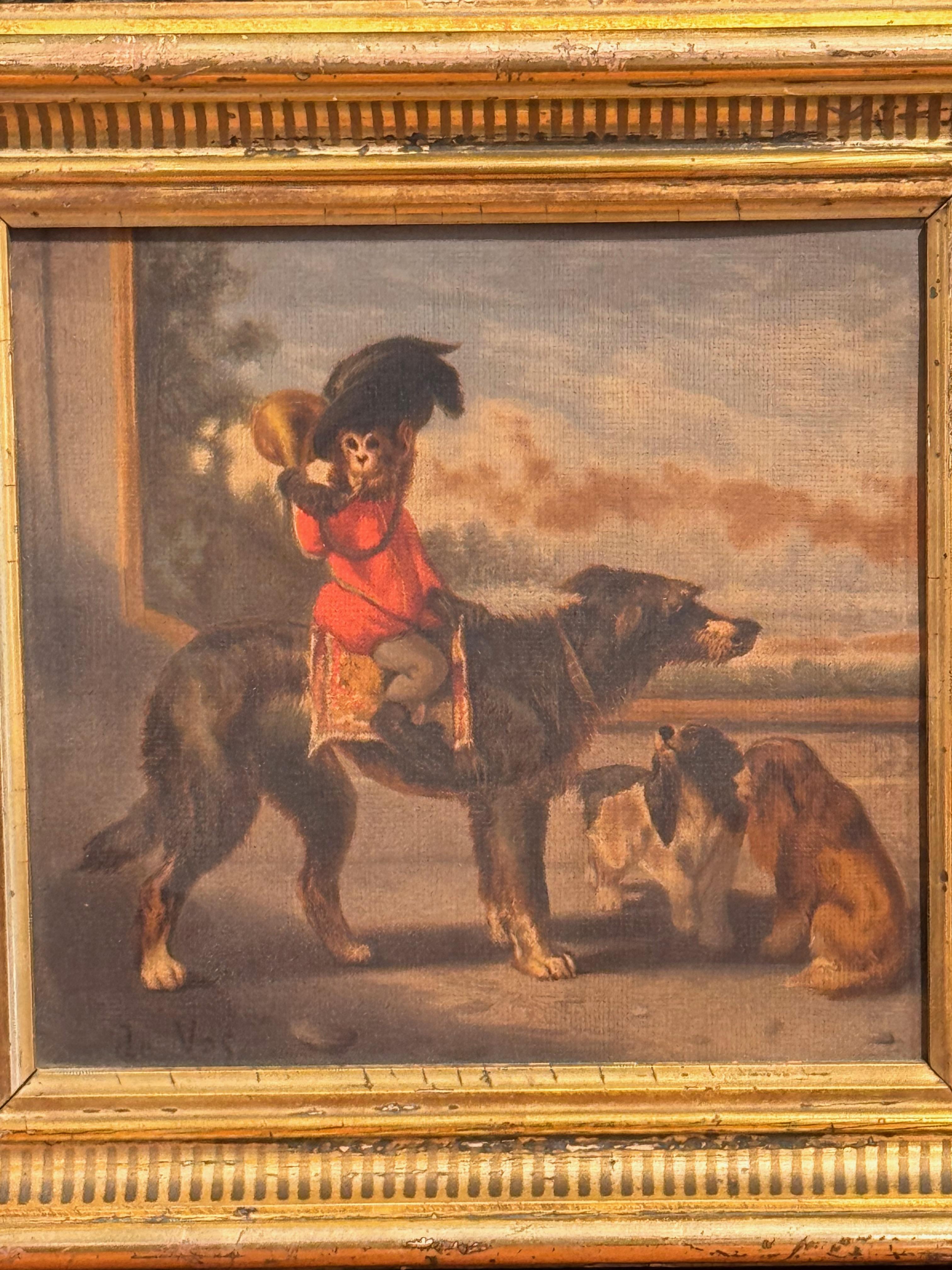 1950er Jahre Paar gerahmte Chromolithografien mit Affen zu Pferd (Vergoldetes Holz) im Angebot