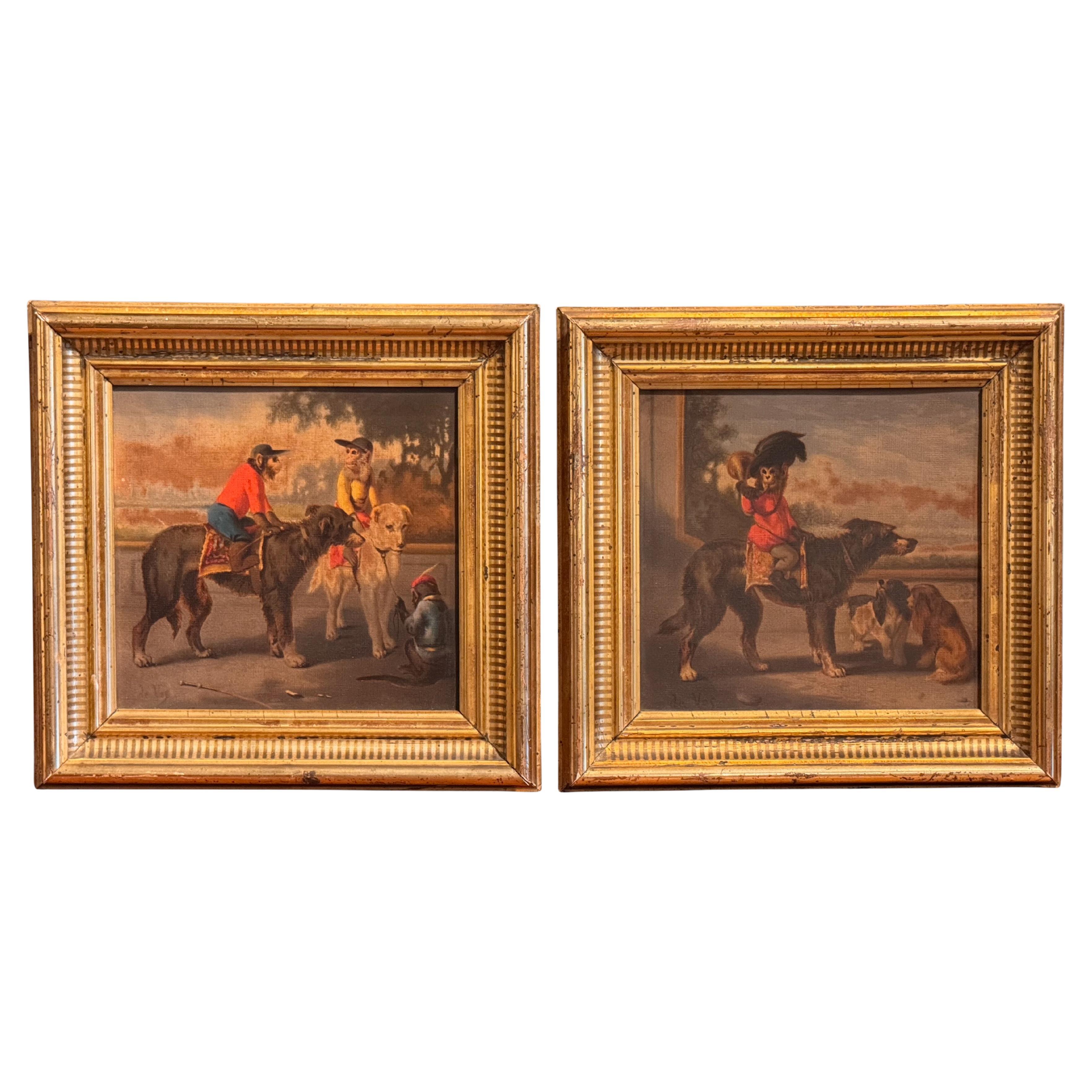 1950s Pair of Framed Chromolithographs Featuring Monkeys on Horseback