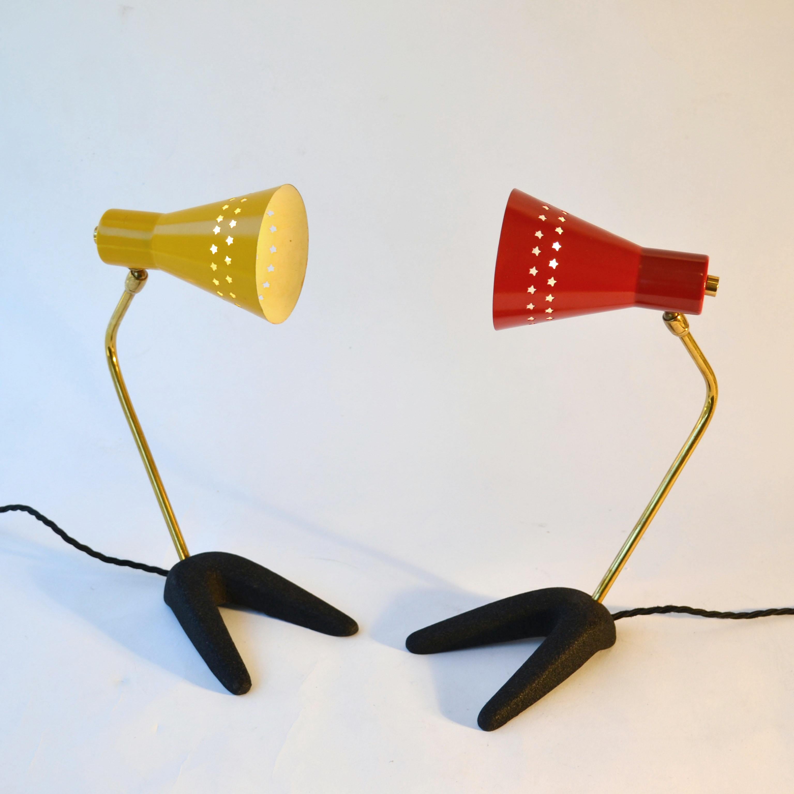 Mid-Century Modern 1950s Pair of French Bedside Lamps in Red and Yellow