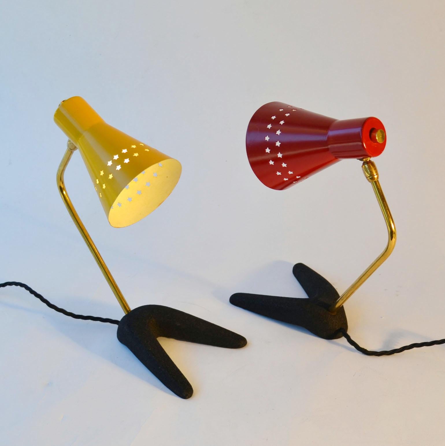 1950s Pair of French Bedside Lamps in Red and Yellow In Good Condition In London, GB