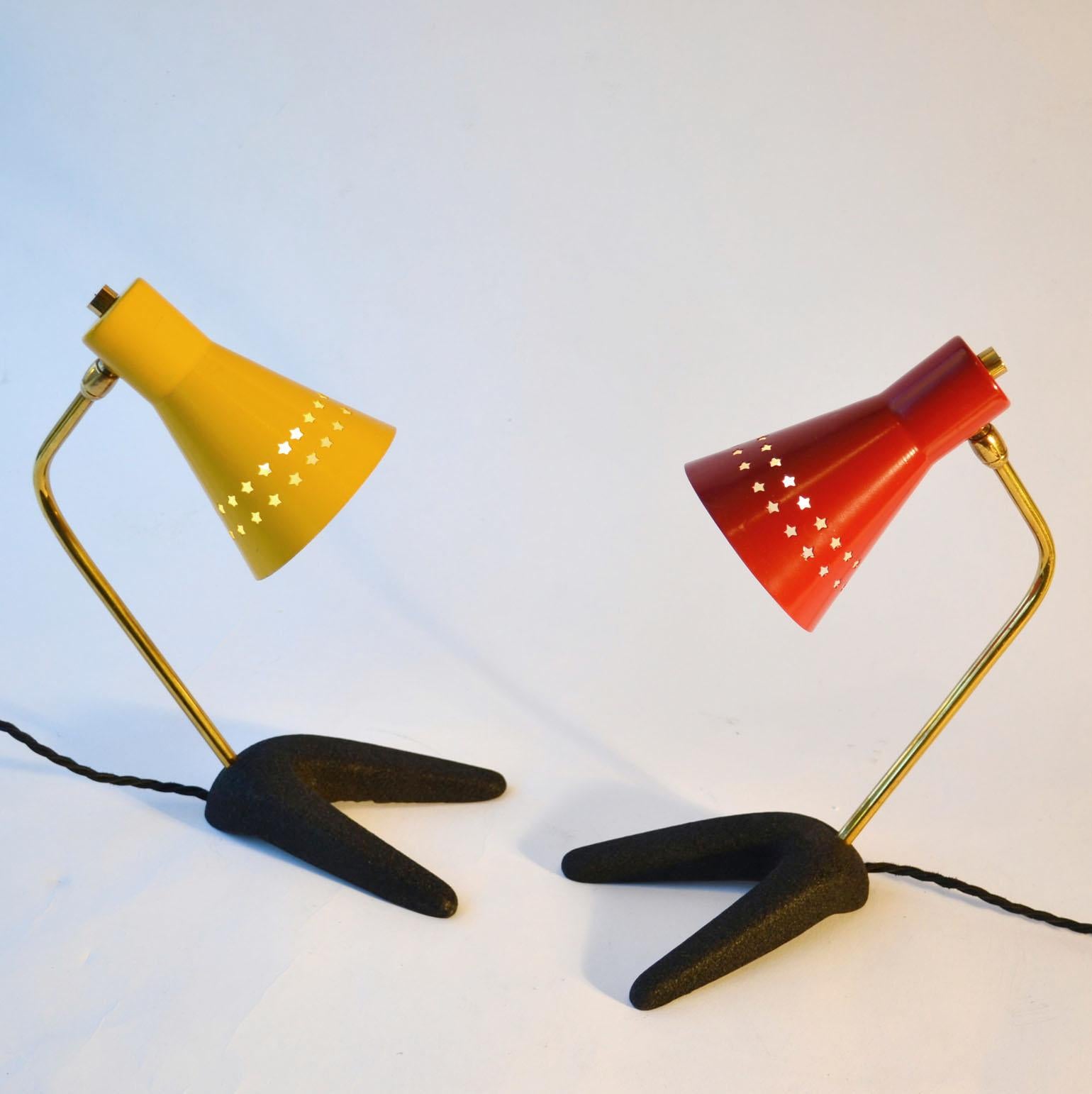 Mid-20th Century 1950s Pair of French Bedside Lamps in Red and Yellow
