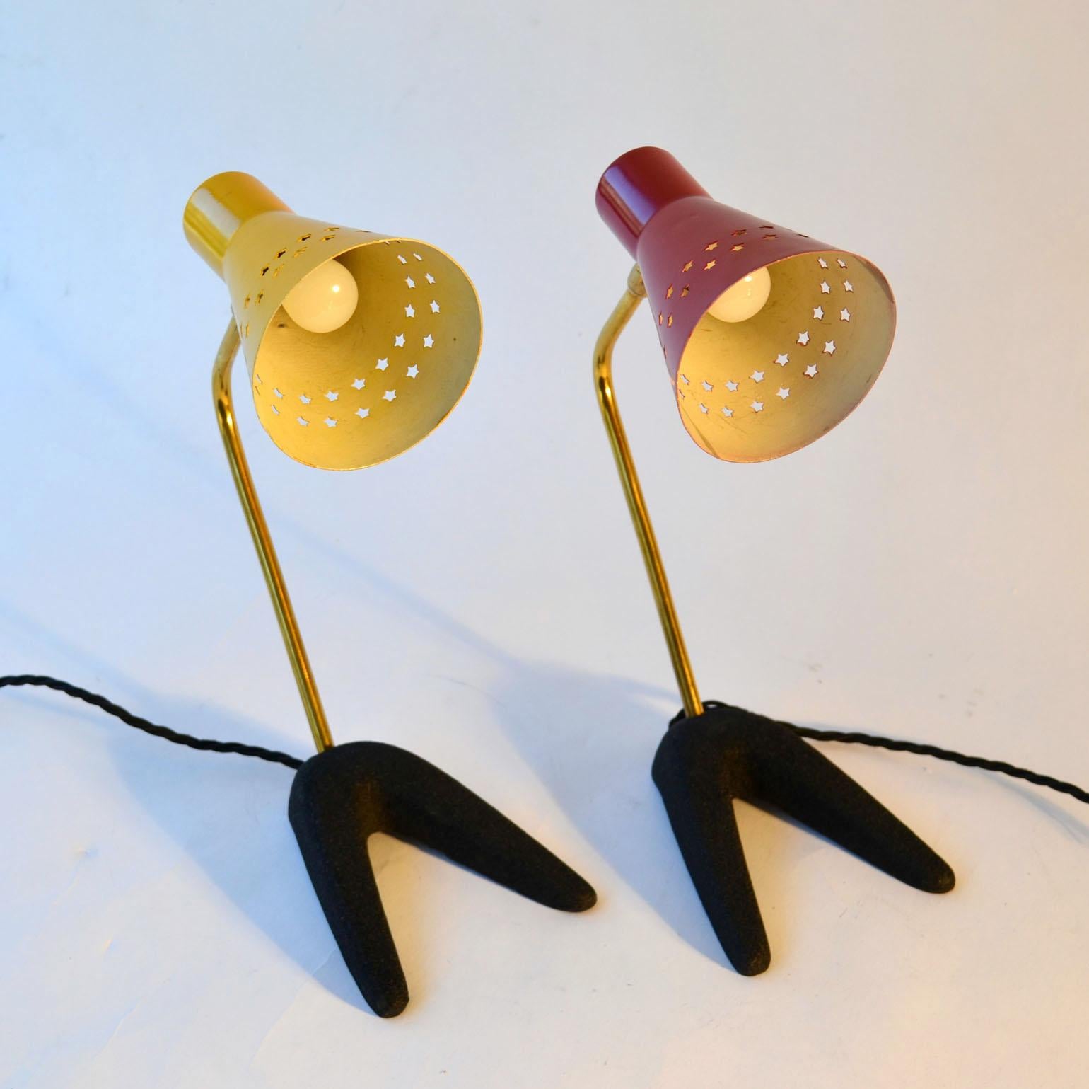 Metal 1950s Pair of French Bedside Lamps in Red and Yellow