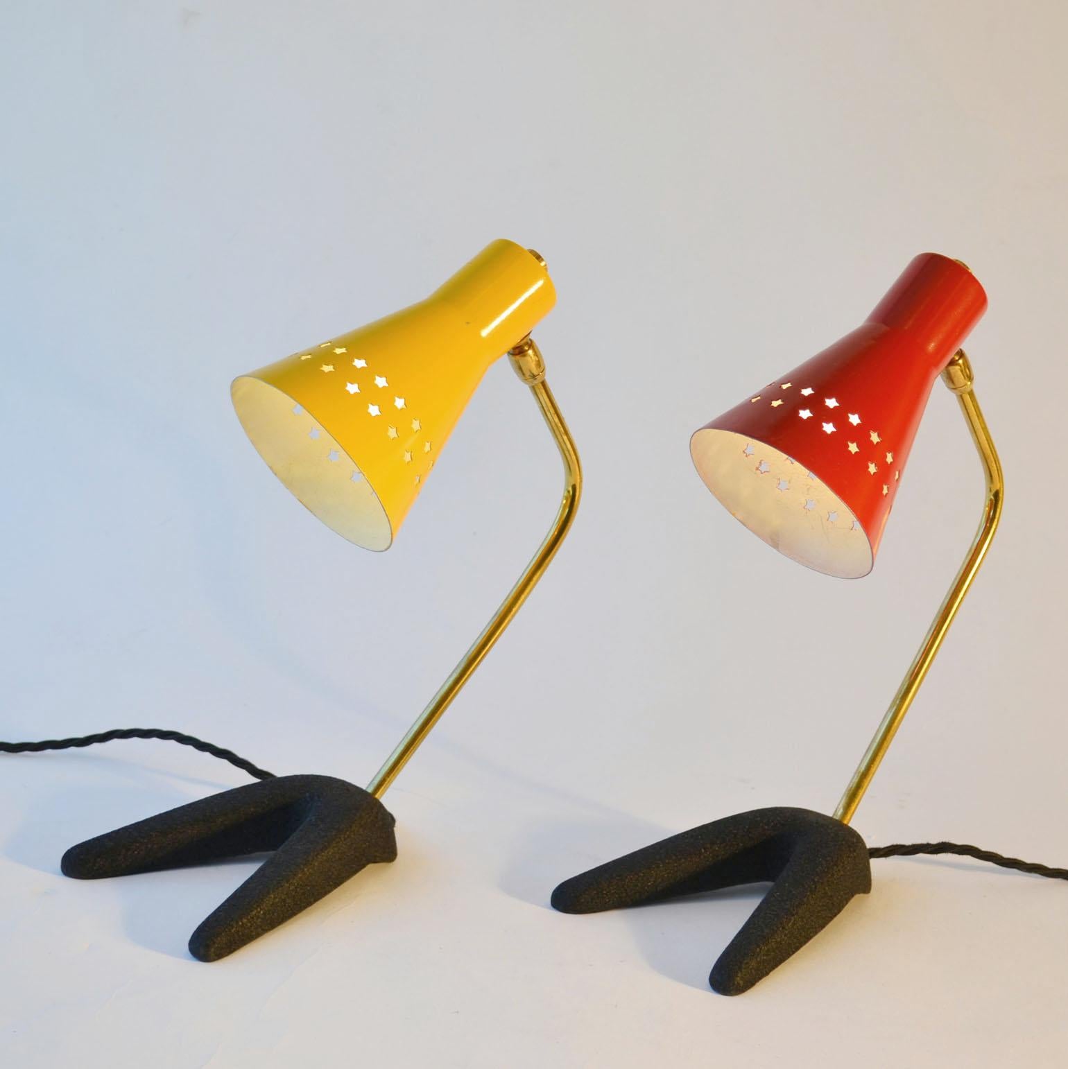 1950s Pair of French Bedside Lamps in Red and Yellow 1
