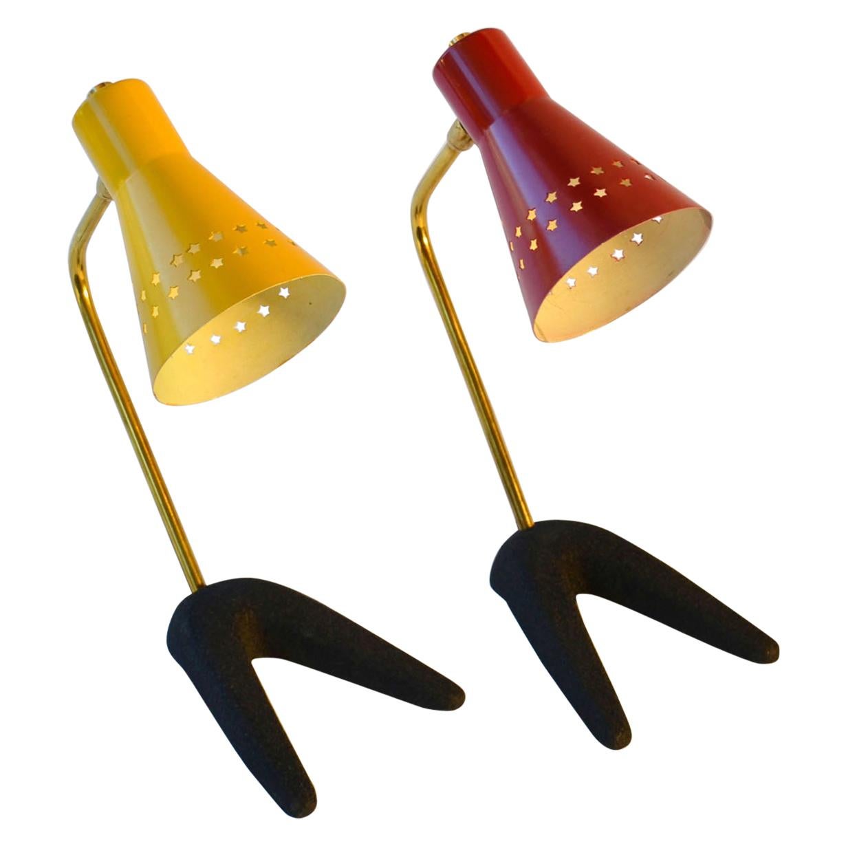 1950s Pair of French Bedside Lamps in Red and Yellow