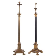 1950s Pair of French Brass Standing Lamps with Claw Feet and Corinthian Capitals