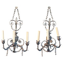 1950s Pair of French Metal Wall Sconces with Vase and Flower Decoration