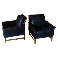 1950
s Pair of French Palisander and Black Leather Armchairs