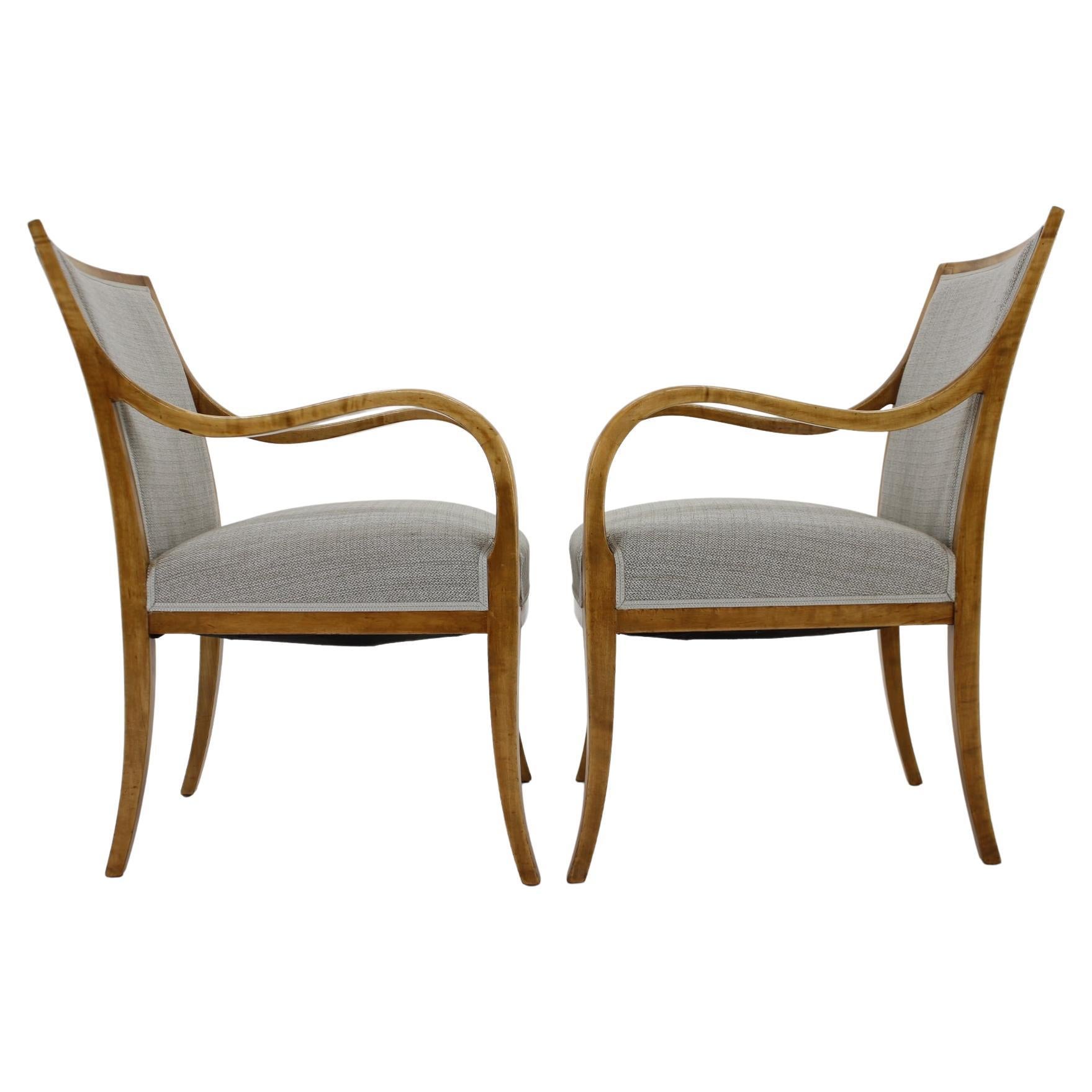 1950s Pair of Frits Henningsen Armchairs in Birch Wood, Denmark For Sale