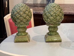 1950s Pair of Green Glazed Ceramic Artichoke Finials on Plinths