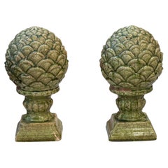 1950s Pair of Green Glazed Ceramic Artichoke Finials on Plinths