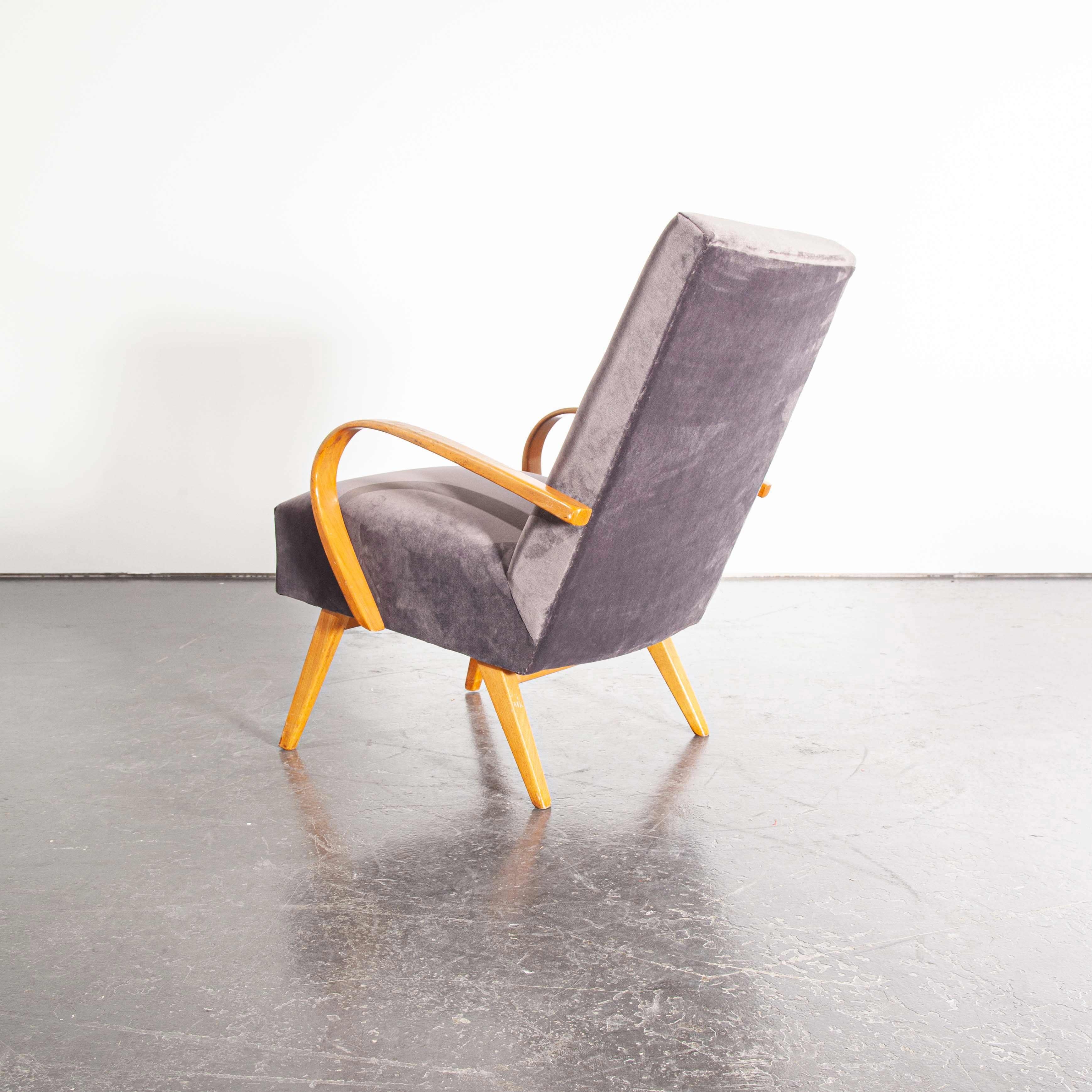 1950s pair of grey upholstered armchairs by Jindrich Halabala
1950s Pair of grey upholstered armchairs – Jindrich Halabala. Halabala was a Czech industrial designer, writer, and educator. Halabala was a key force in the development of post war