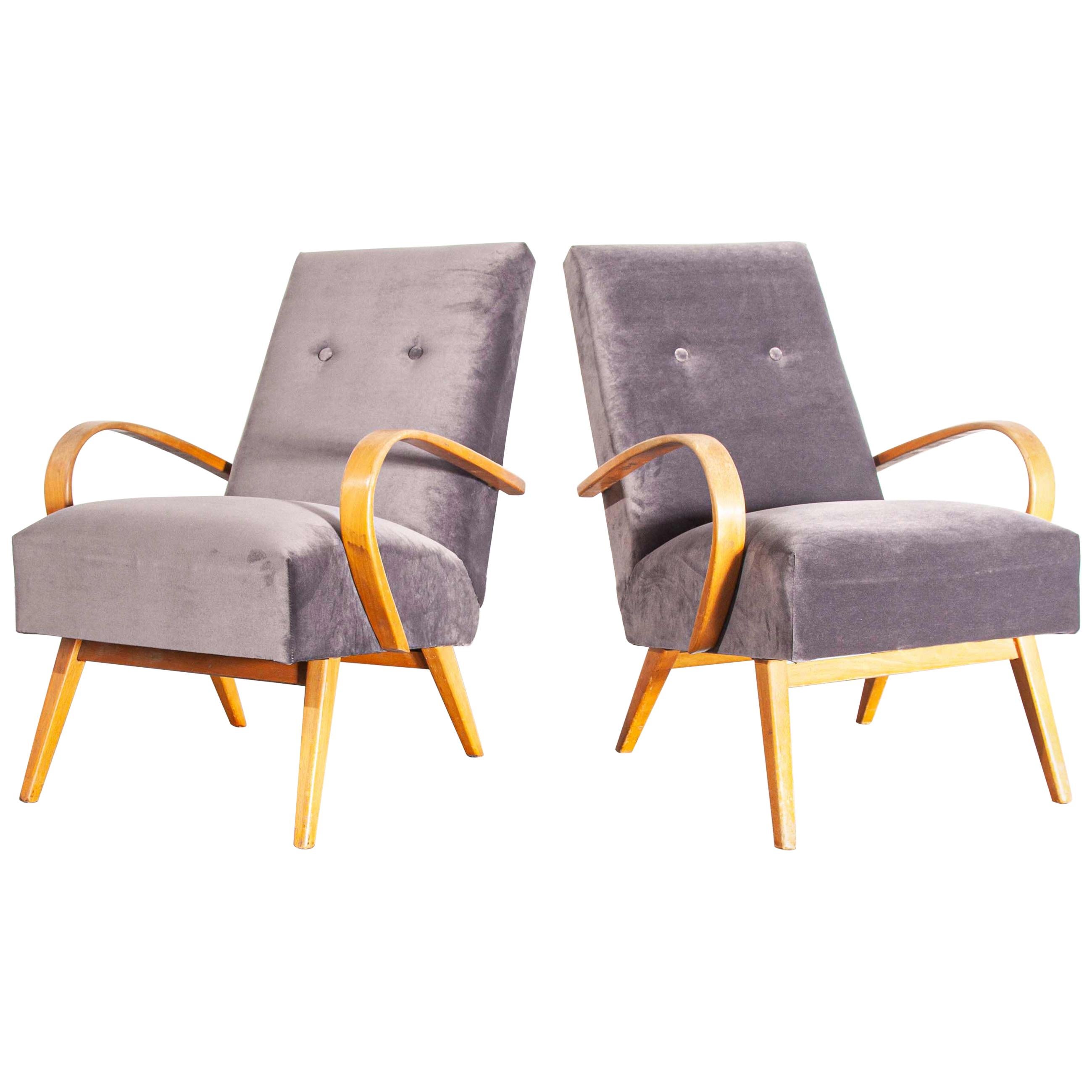 1950s Pair of Grey Upholstered Armchairs by Jindrich Halabala