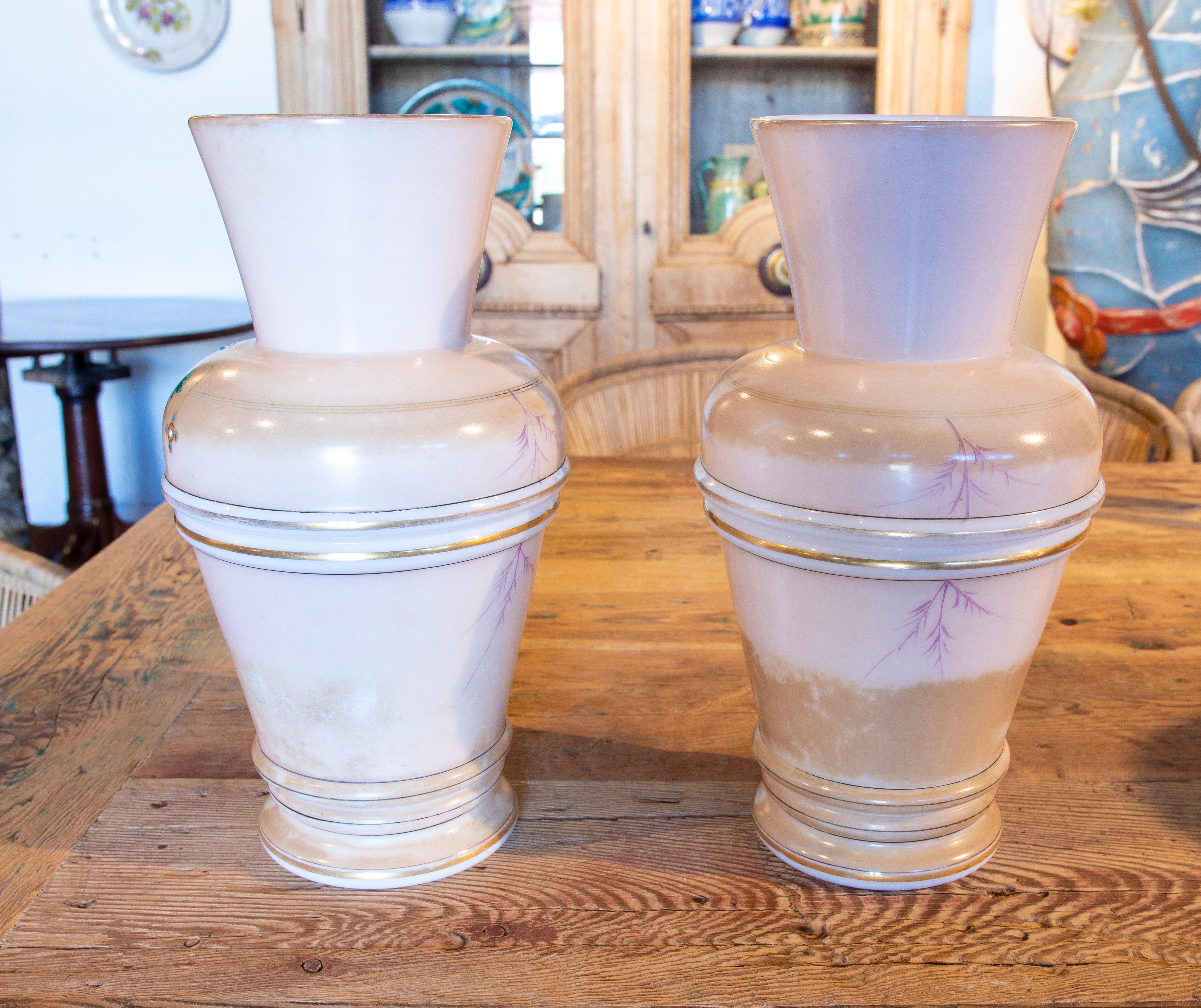 1950s pair of Hand Painted opaline vases.