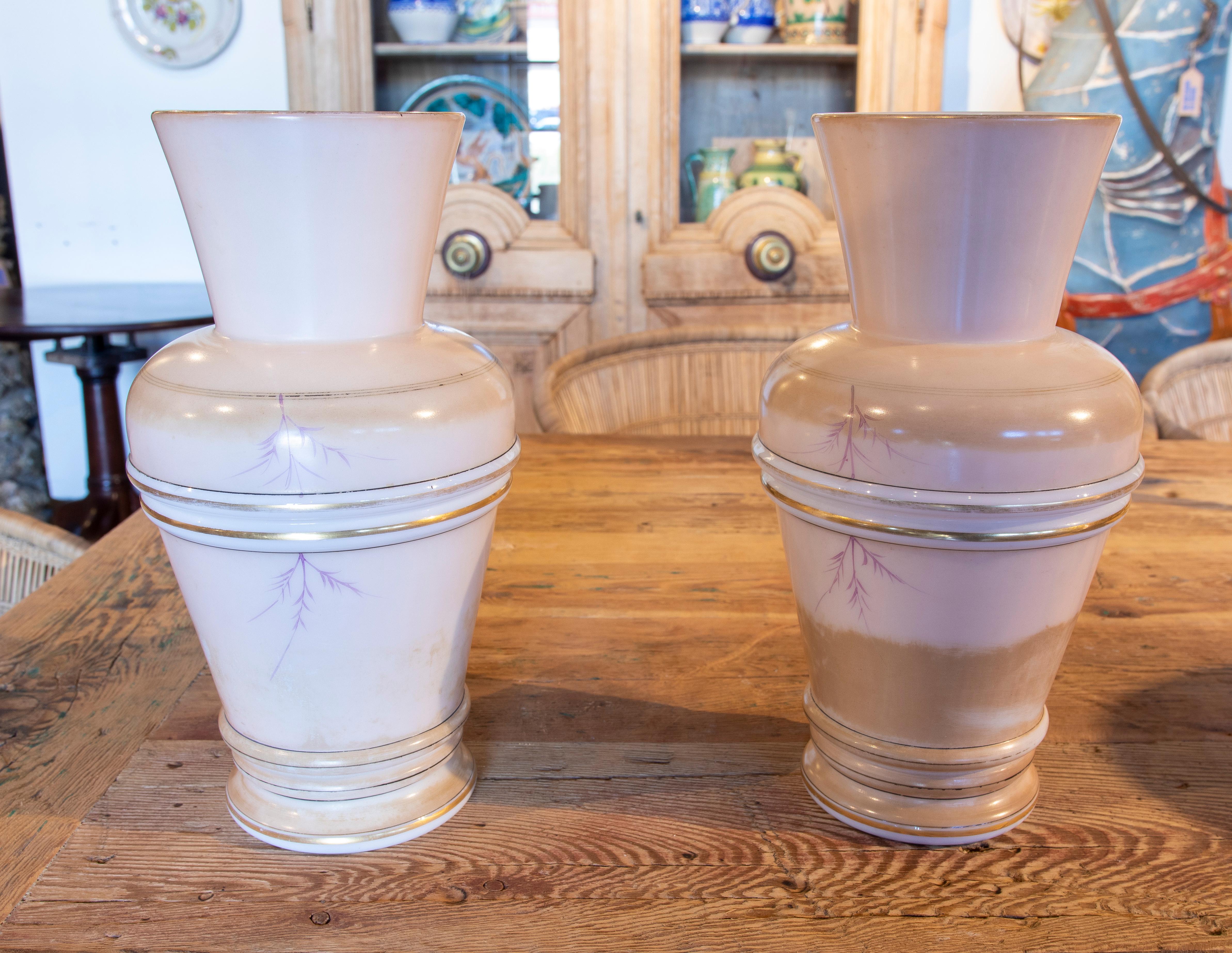 Spanish 1950s Pair of Hand Painted Opaline Vases For Sale