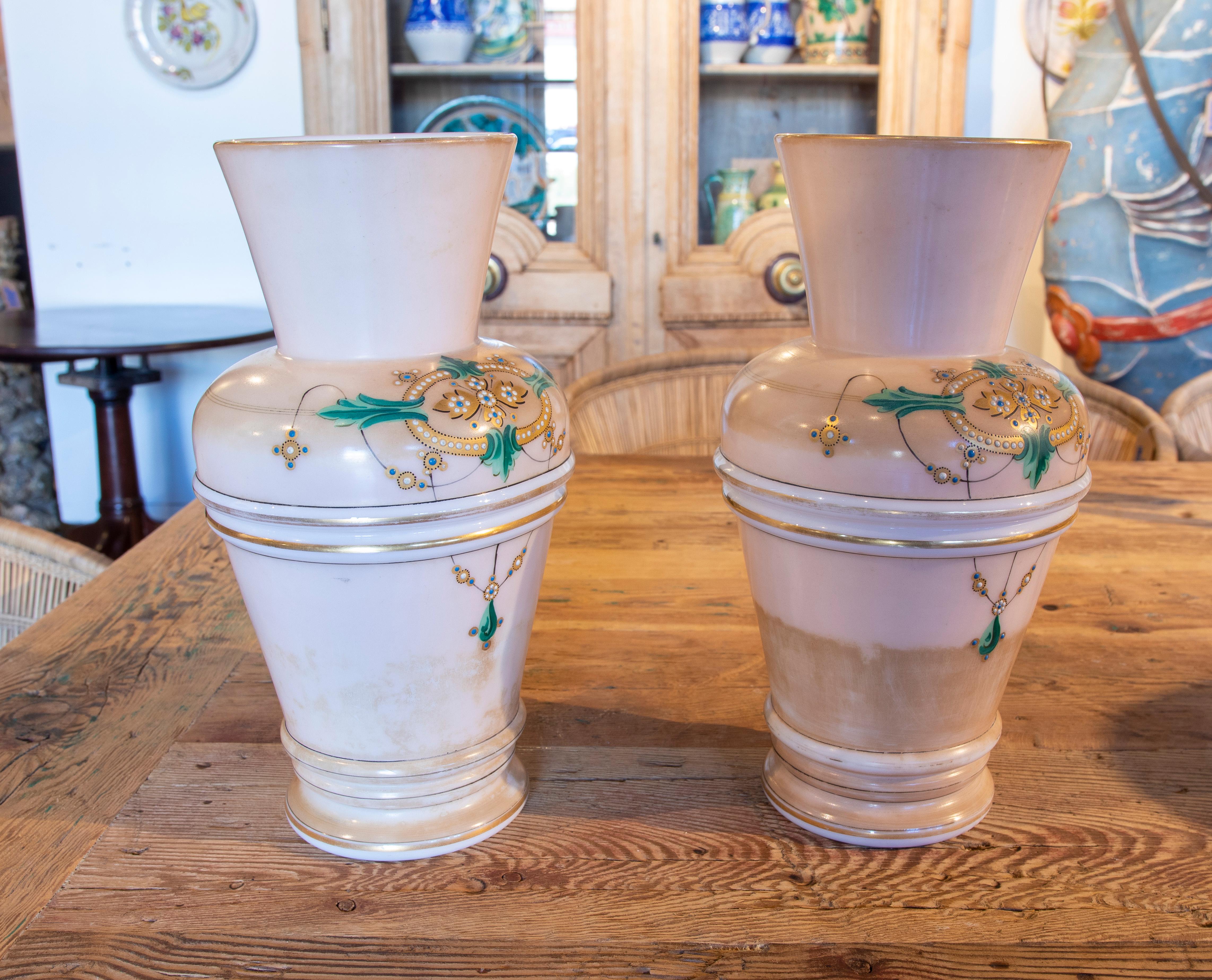 20th Century 1950s Pair of Hand Painted Opaline Vases For Sale