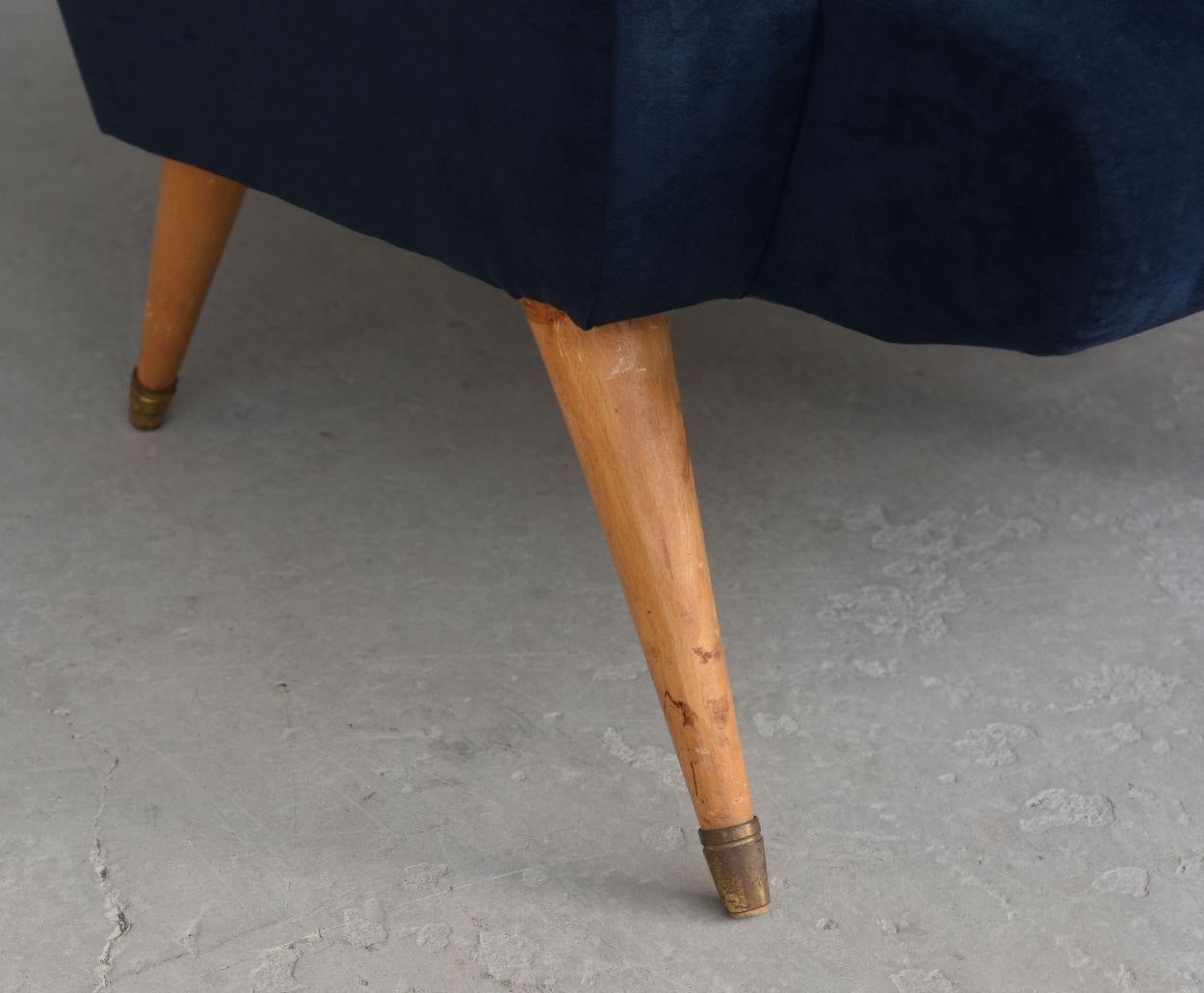 Mid-20th Century 1950s Pair of Italian Armchairs Covered in Blue Suede