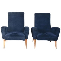 1950s Pair of Italian Armchairs Covered in Blue Suede