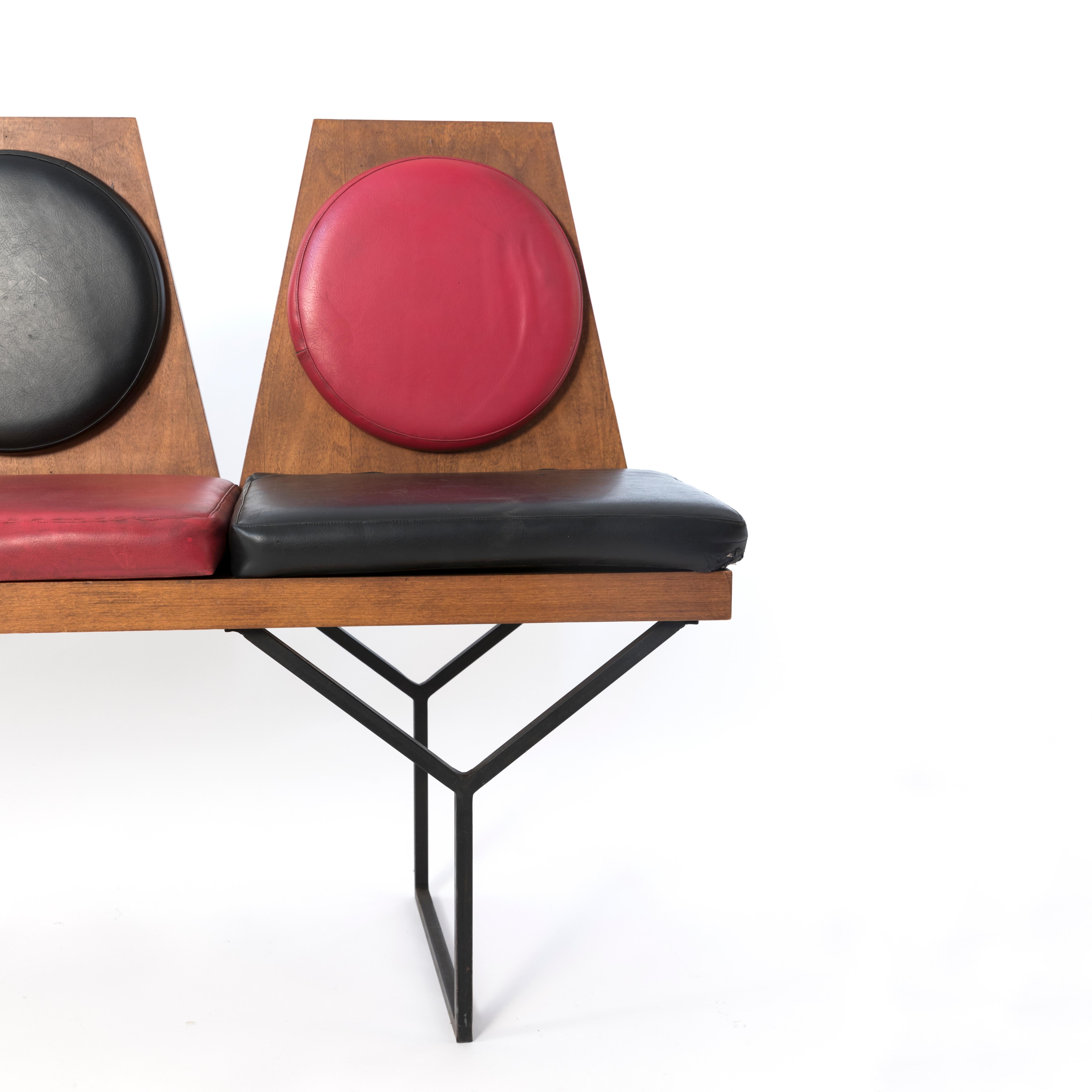 Mid-20th Century 1950s Pair of Italian Benches in Wood and Red and Black Vinyl