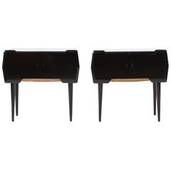 1950s Pair of Italian Black Polished Wood and Brass Bedside Tables