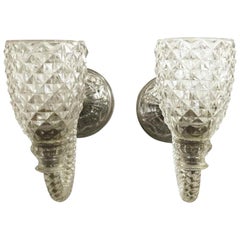 1950s Pair of Italian Cut and Blown Clear Glass Sconces