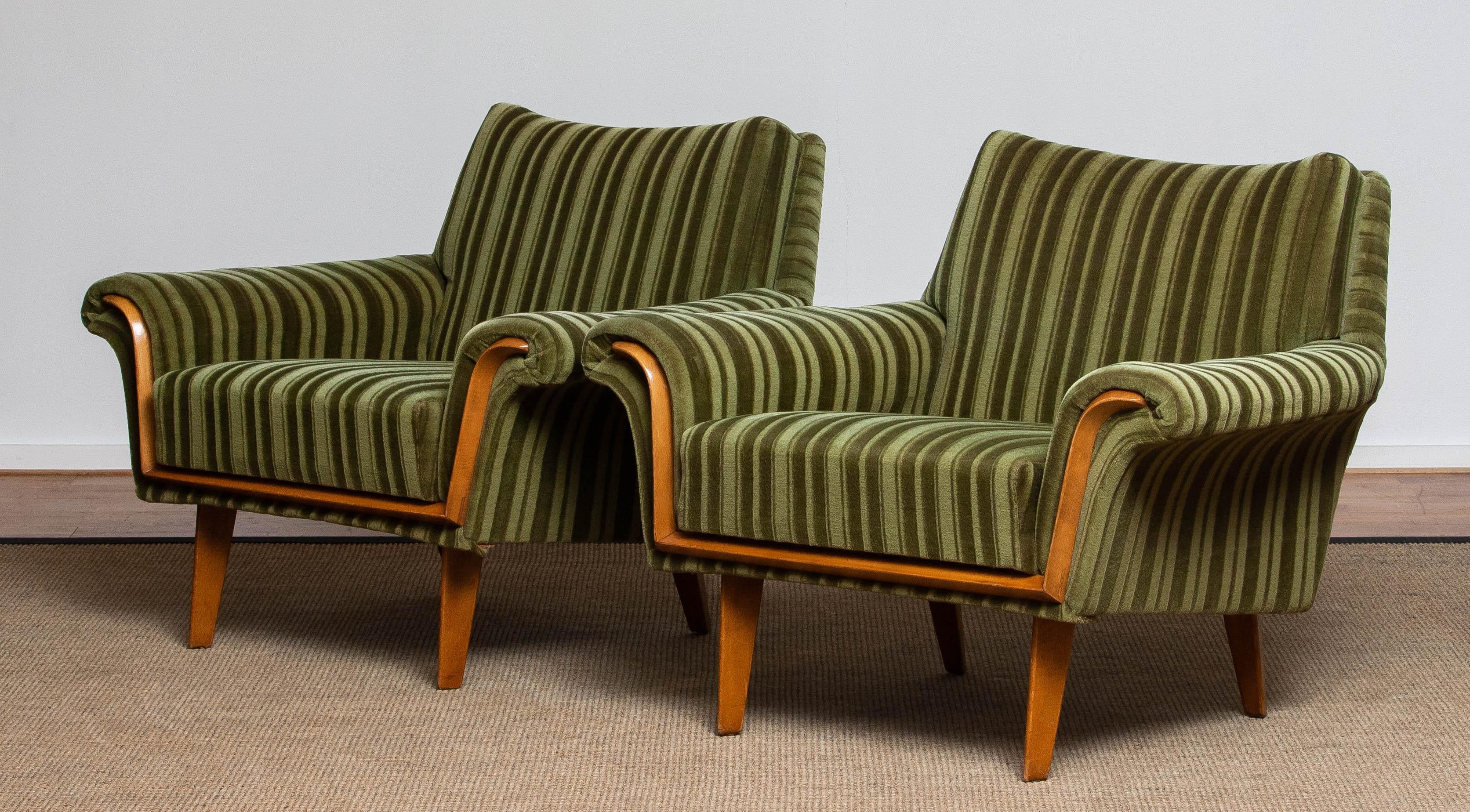 1950's Pair of Italian Green Striped Velvet Lounge / Easy / Club Chair 4