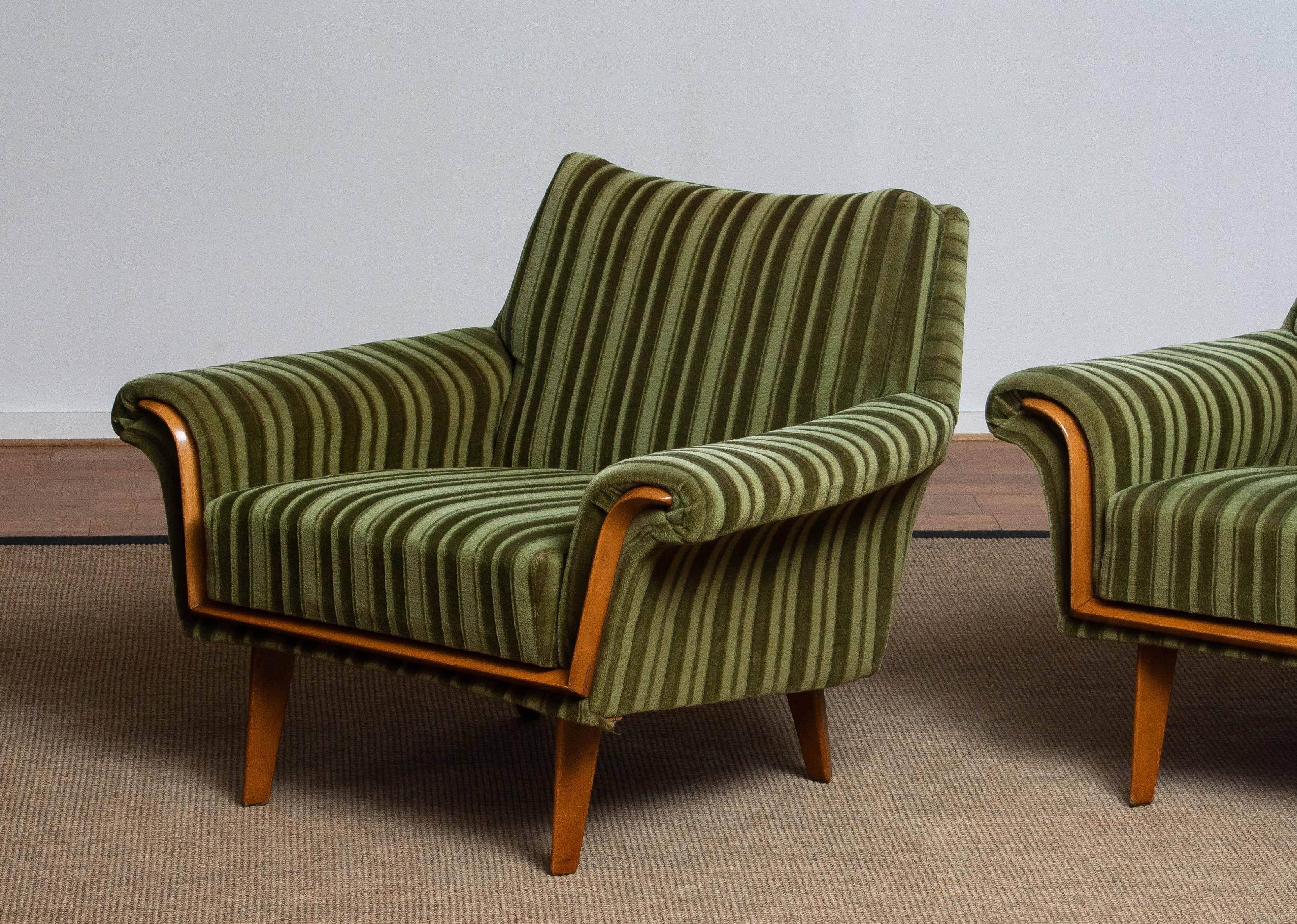 Mid-Century Modern 1950's Pair of Italian Green Striped Velvet Lounge / Easy / Club Chair