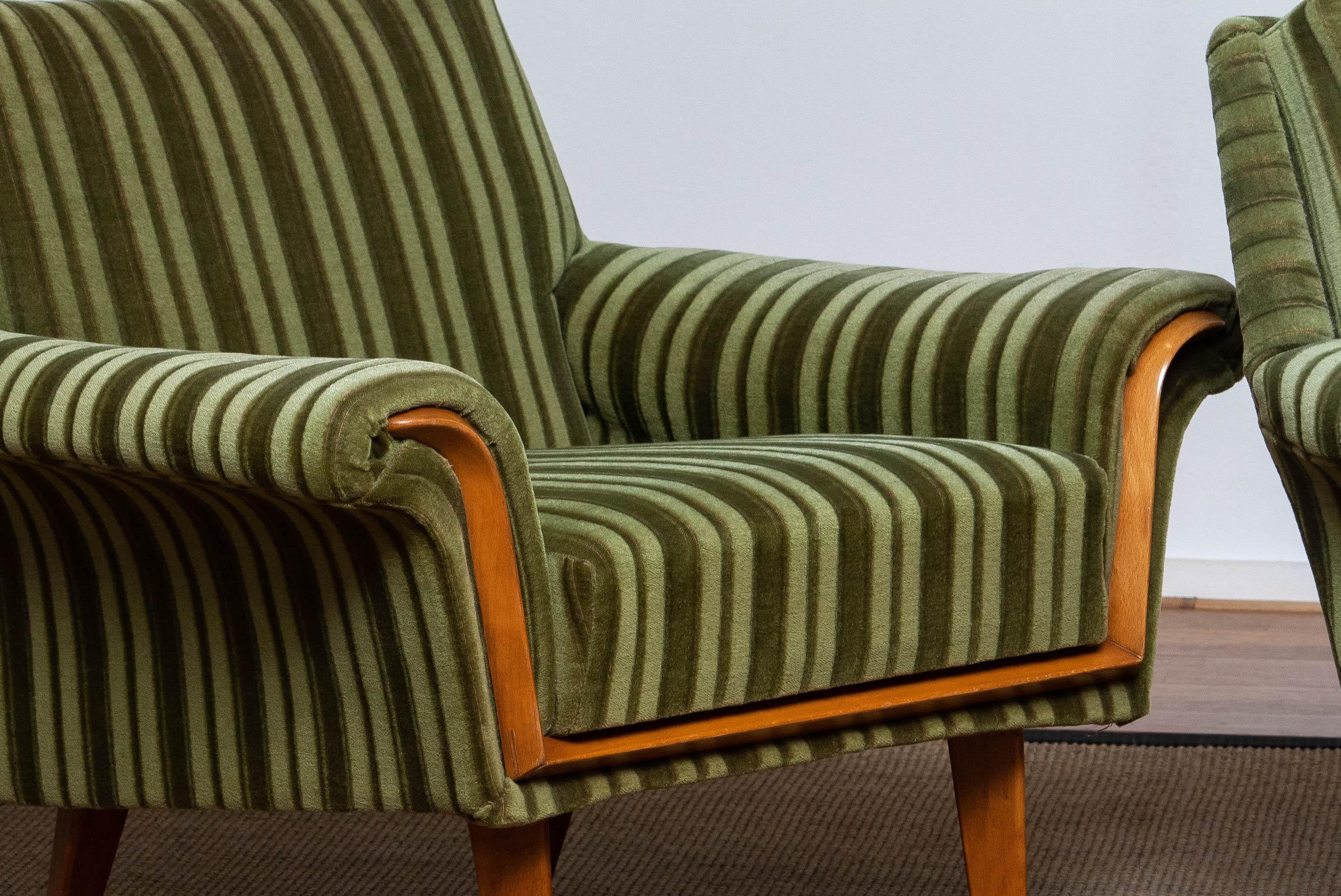 1950's Pair of Italian Green Striped Velvet Lounge / Easy / Club Chair 1