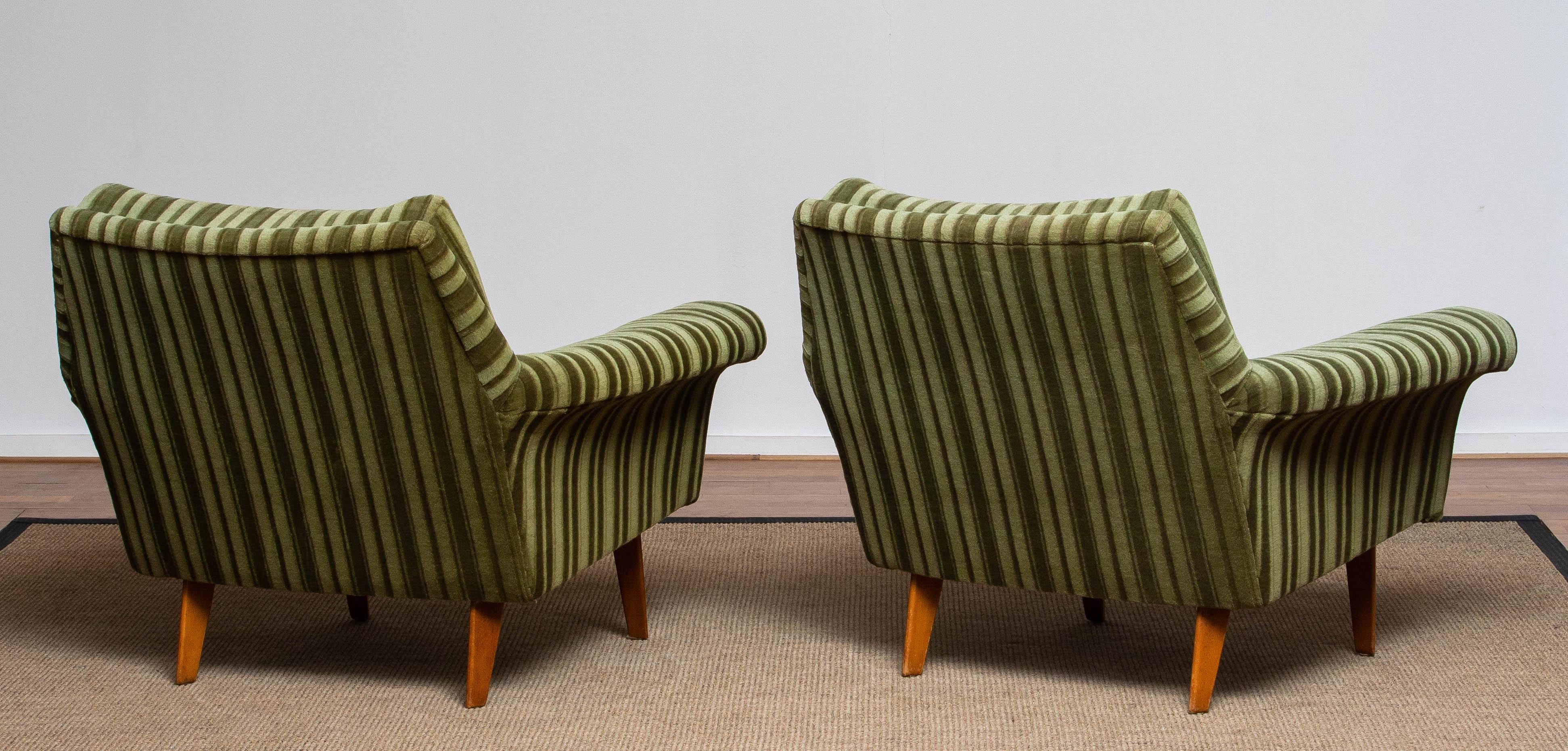 Mid-20th Century 1950's Pair of Italian Green Striped Velvet Lounge / Easy / Club Chair