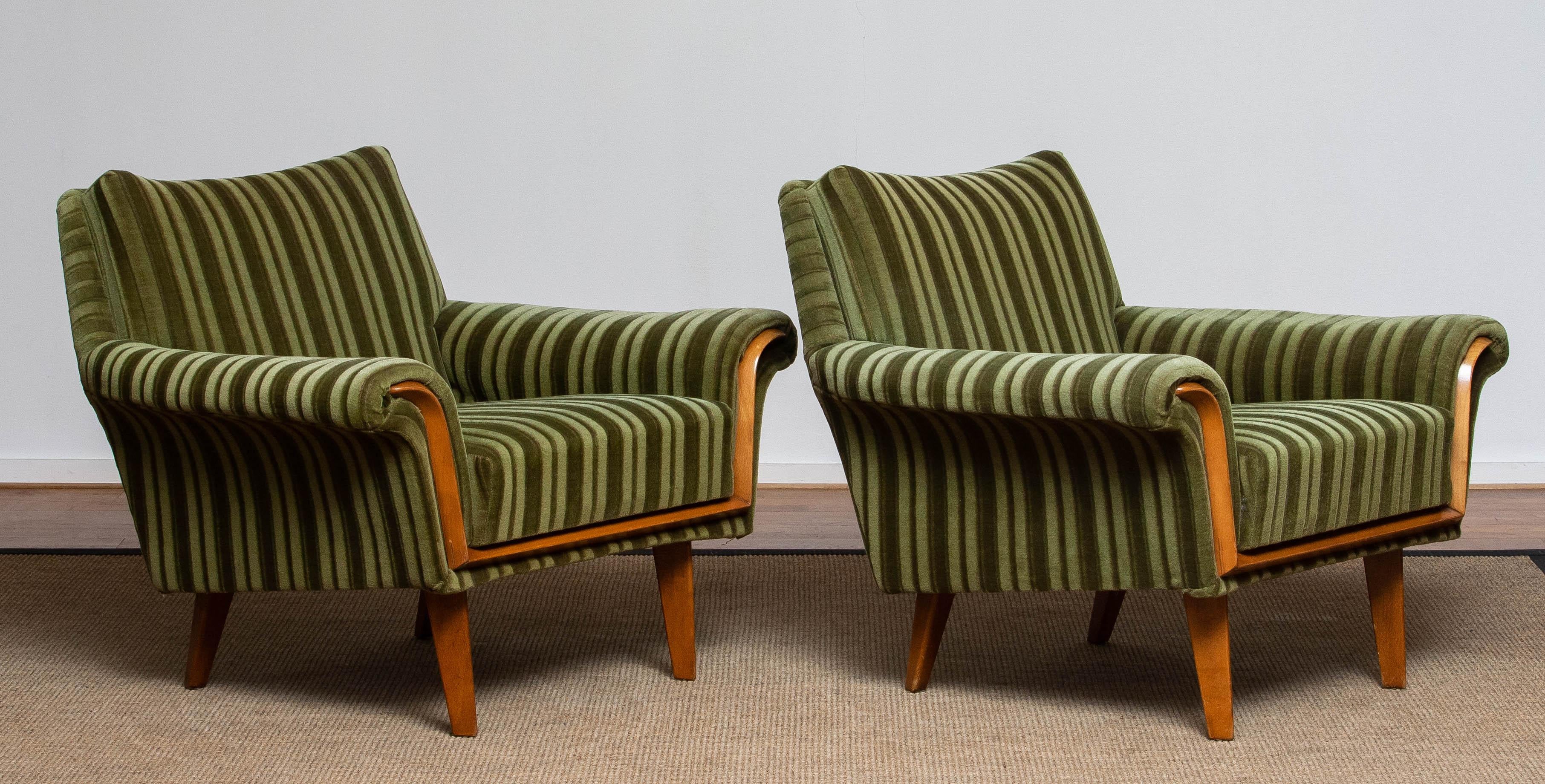 1950's Pair of Italian Green Striped Velvet Lounge / Easy / Club Chair 2
